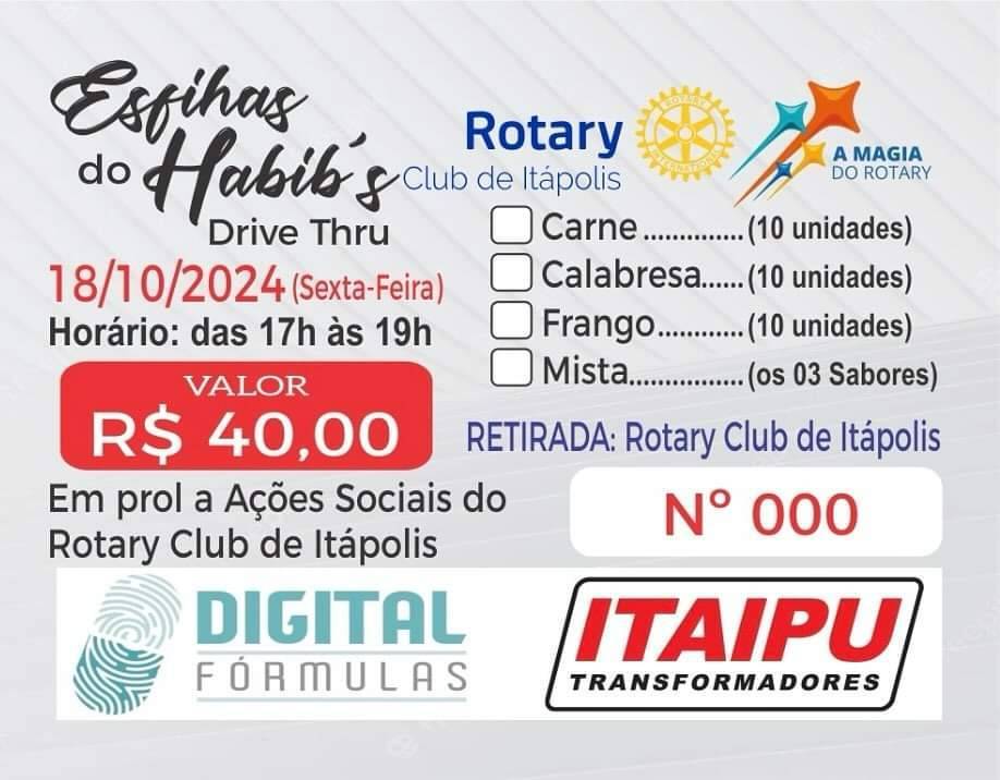 Rotary Club de Itápolis Venderá Esfihas do Habib’s em sua sede no sistema drive thru