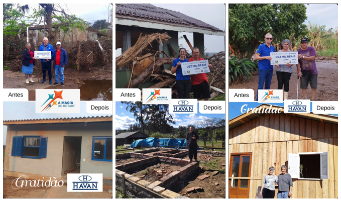 Moradias destruídas pela enchente de maio/2024 e reconstrução com auxílio do troco solidário das Lojas Havan.
