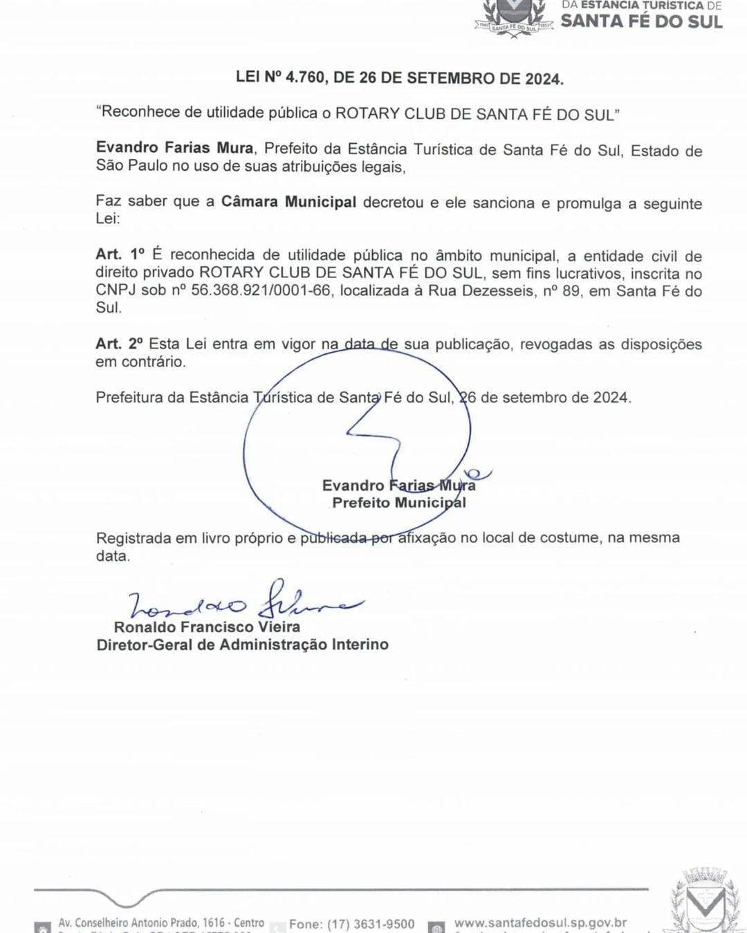 Rotary Club de Santa Fé do Sul é Reconhecida de Utilidade Pública