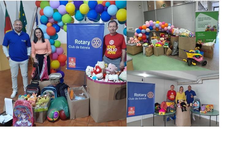 Fotos dos companheiros entregando os donativos nas EMEIs e da arrecadação no Sicredi.