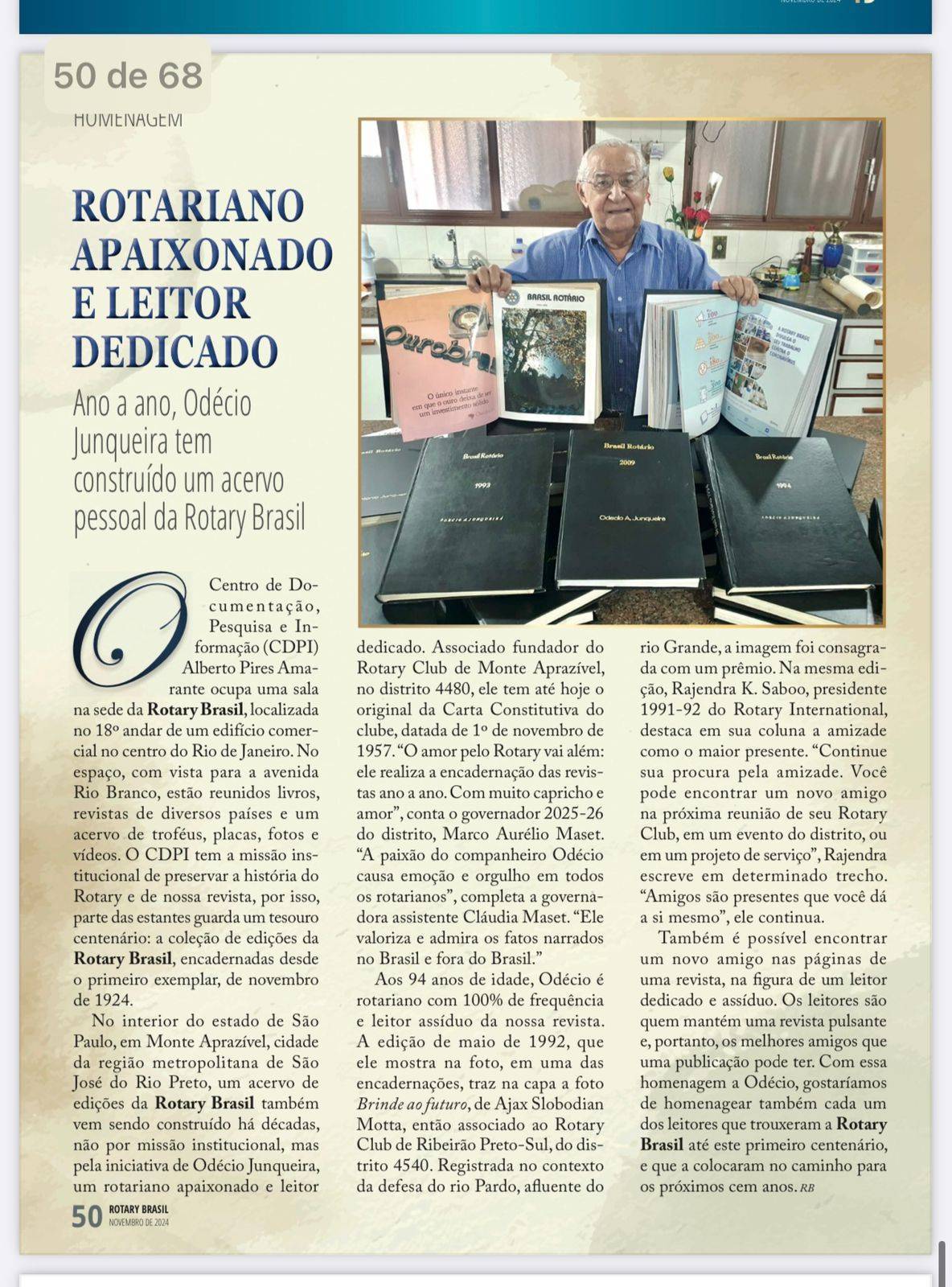 Rotariano com 94 anos de idade e 67 anos de Rotary foi homenageado na Revista Rotary Brasil na edição de 100 anos