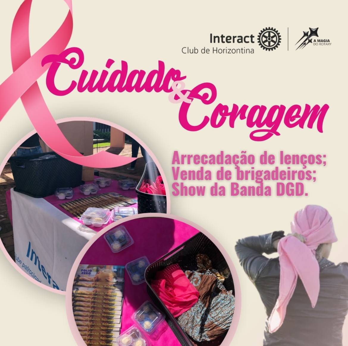 No dia 26 de outubro, o Interact Club de Horizontina promoveu a arrecadação de lenços na Rua Coberta em prol do Outubro Rosa • Somando torças para uma causa importante! Além das doações, tivemos uma manhã especial com a presença da Banda DGD, que apoiou o evento com uma apresentação incrível, também organizamos a venda de brigadeiros do projeto Brigadeiract. Agradecemos a todos que participaram e contribuíram! Com cada gesto, mostramos que juntos podemos faze a diferença. Legenda Alternativa- Esse post possui legenda alternativa, para acessa-lá basta configurar seu celular #paratodosverem