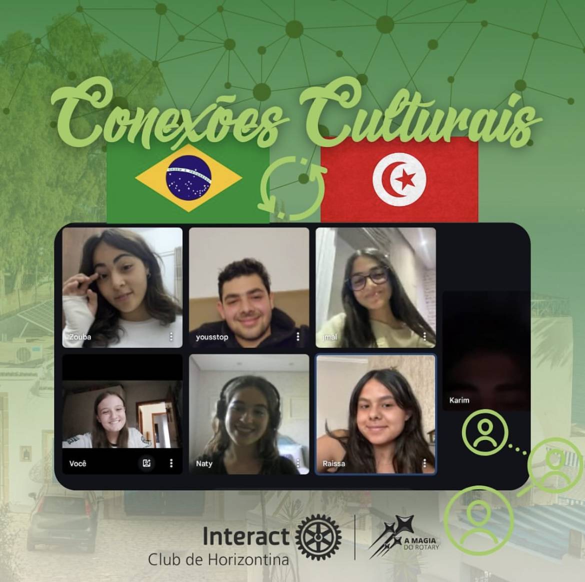 Conexões Culturais! No dia 16 de dezembro, foi realizada uma reunião virtual com o Interact Clube de Sfax, Tunísia. Nesta reunião foram apresentadas características da cultura brasileira e tunisiana como: cidades famosas, culinária local, danças tradicionais e alguns costumes praticados em ambos os países. Foi um momento de conexão cultural muito proveitoso e especial! Obrigado @interactsindbad e todos que se fizeram presentes