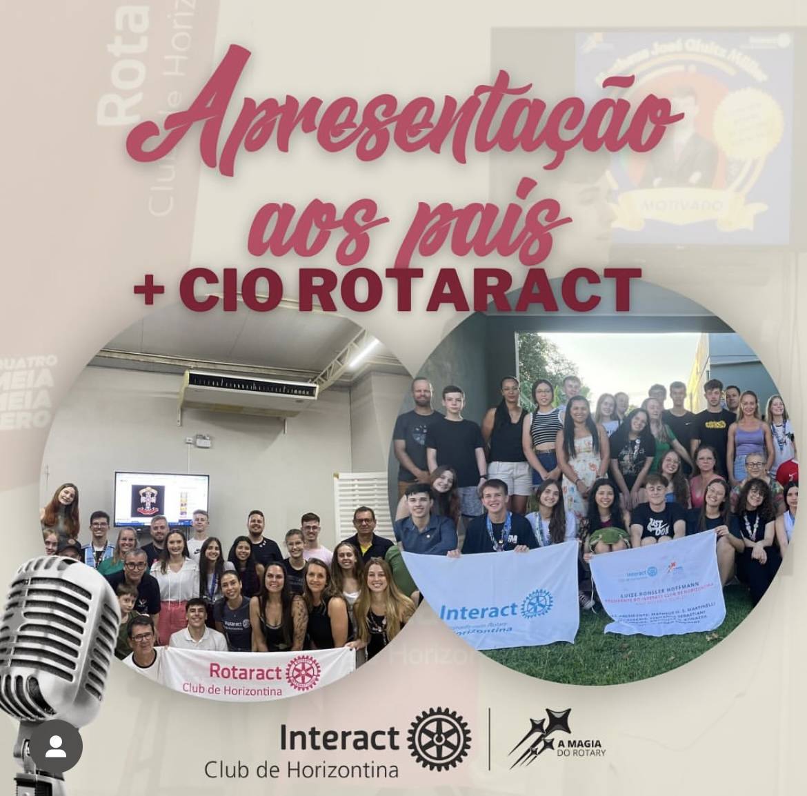 No dia 01 de dezembro, domingo, às 17h30min, realizamos a Apresentação aos Pais na Sede do Rotary. O evento teve como objetivo apresentar os projetos desenvolvidos durante o ano rotário sob a gestão da presidente Luize. Os projetos apresentados foram: Venda de Pizzas - Pizzaract Dia do Convidado Aniversário do Clube Setembro Amarelo - Poemaract Brigadeiract Projeto Meio Ambiente - Sede de Cuidar Outubro Rosa - Cuidado e Coragem Cápsula do Tempo SMI - Semana Mundial do Interact Pedágio Solidário Após a apresentação, participamos do Concurso Interno de Oratória (CIO) promovido pelo Rotaract.