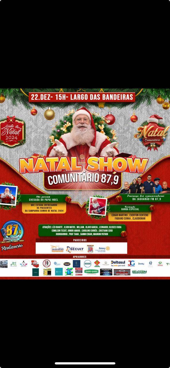 Rotary Club de Jaguarão em,22/12/2024 junto a parceiros ,faz parte do Projeto Natal Show comunitário 87.9,onde há distribuição de brinquedos,chegada do Papai Noel e show com artistas . Vamos levar alegria para nossa comunidade.