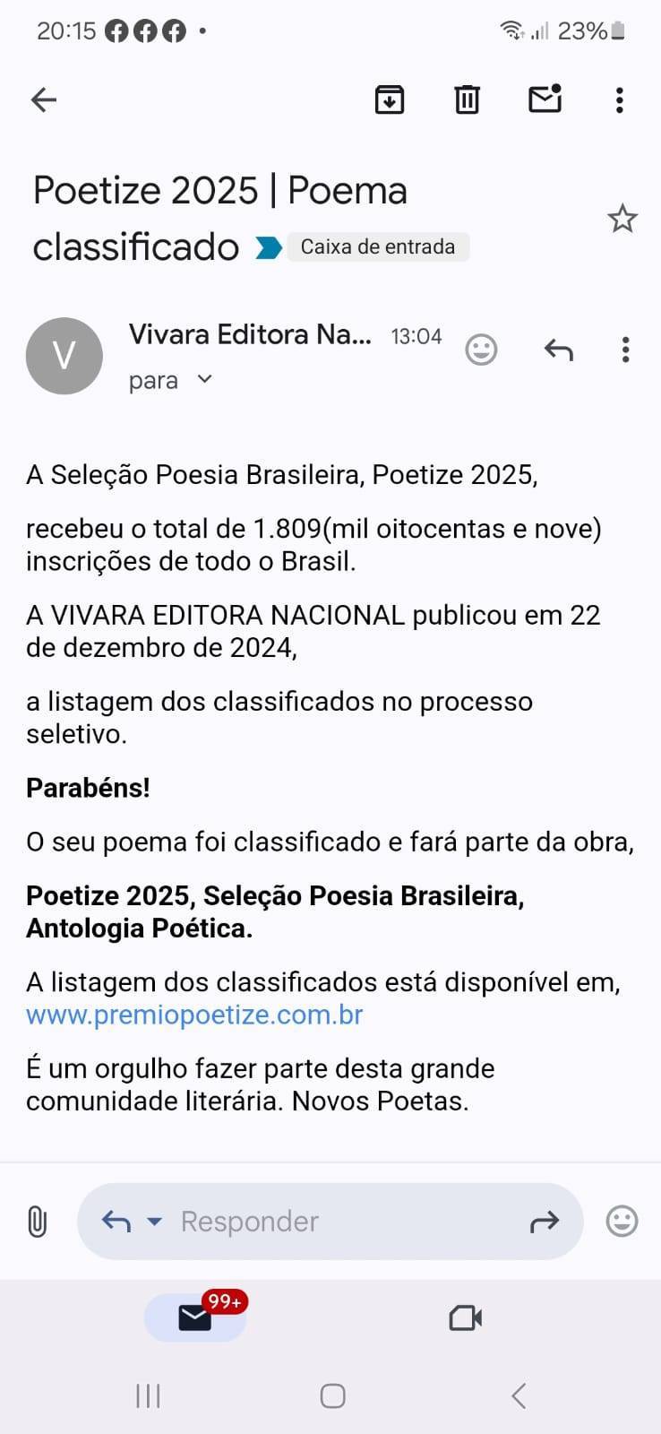 Seleção Poesia Brasileira Antologia Poética. Em 22/12/2024,Vivara Editora Nacional,publicou a relação de selecionados ,no Poetize 2025,Antônio Carlos Marques associado do Rotary Club de Jaguarão,distrito 4780,foi um dos selecionados no processo seletivo . Parabenizamos o companheiro,o Rotary se alegre com as conquistas dos seus associados.