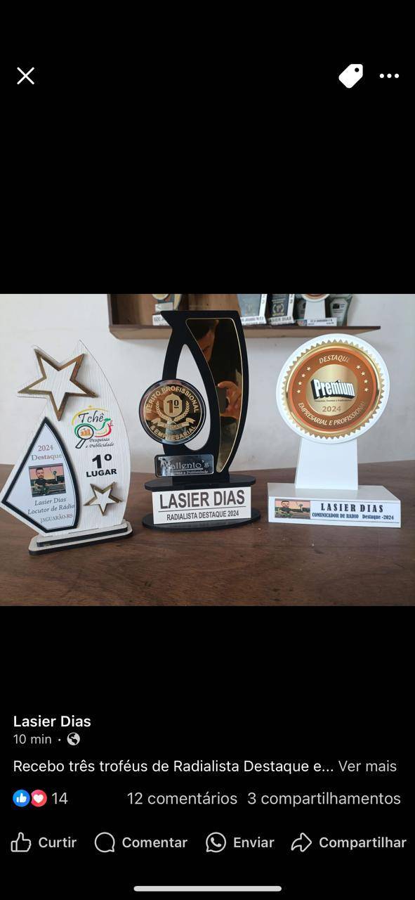 O Companheiro Lasier Dias,radialista,proprietário da FM 87,9,associado representativo do RC de Jaguarão,recebeu e foi destaque reconhecido em comunicação,com 3 prêmios em 2024.Tchê Pesquisas e Publicidade,Tallentu’s Pesquisas e Premium Pesquisas.Ficamos muito feliz pelo reconhecimento a esse rotariano que tanto faz pela nossa sociedade.