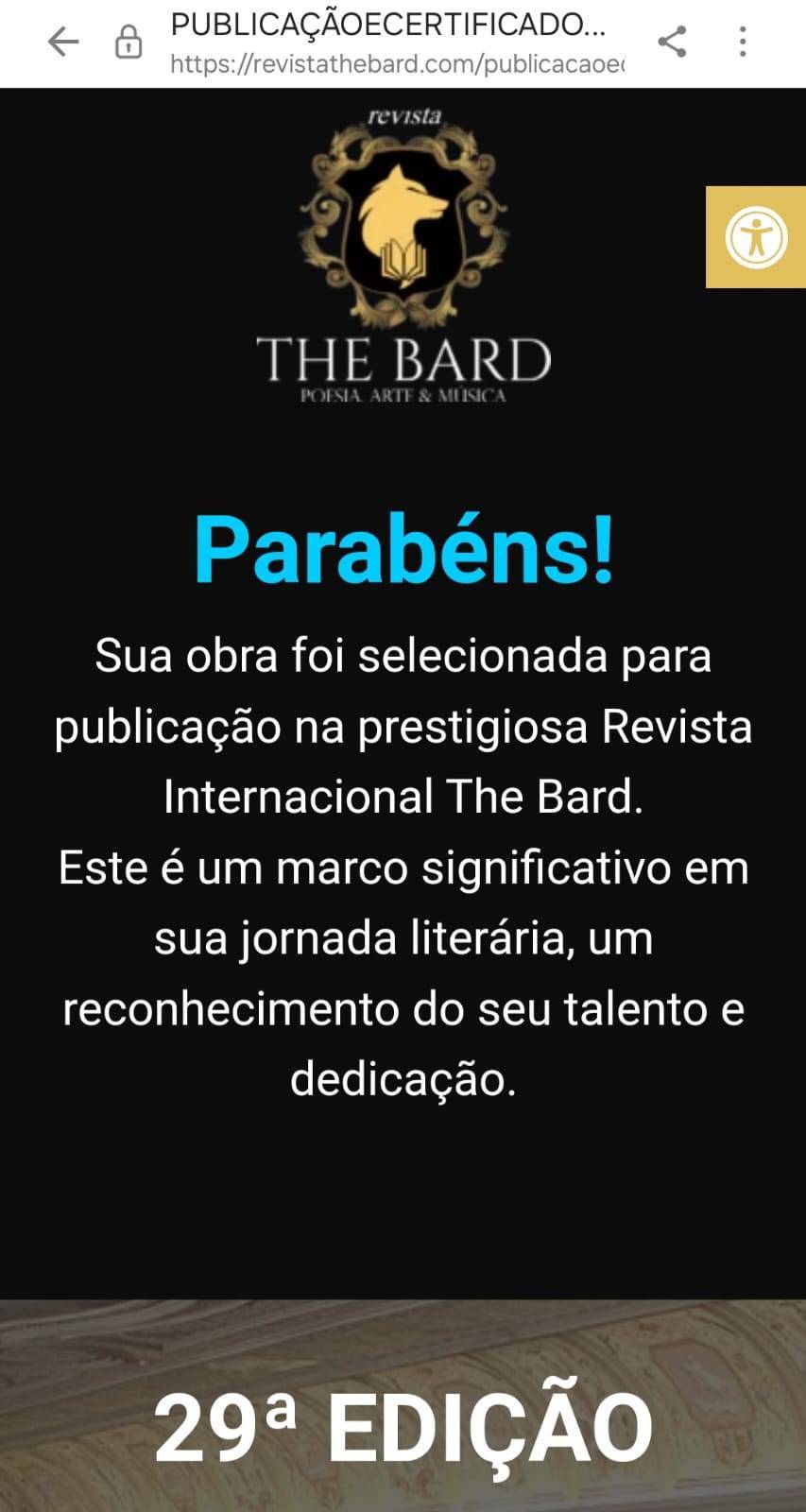 Companheiro Antônio Carlos Marques,do Rotary Club de Jaguarão,recebeu em 4/1/2025 da  Revista Internacional The Bard,felicitações por ter um de seus poemas selecionados para publicação na 29•edição da revista,entre 2653 inscritos em 14 categorias. Estamos felizes por suas conquistas Antonio Carlos,que é membro da ABROl e da Academia Pelotense de Letras.