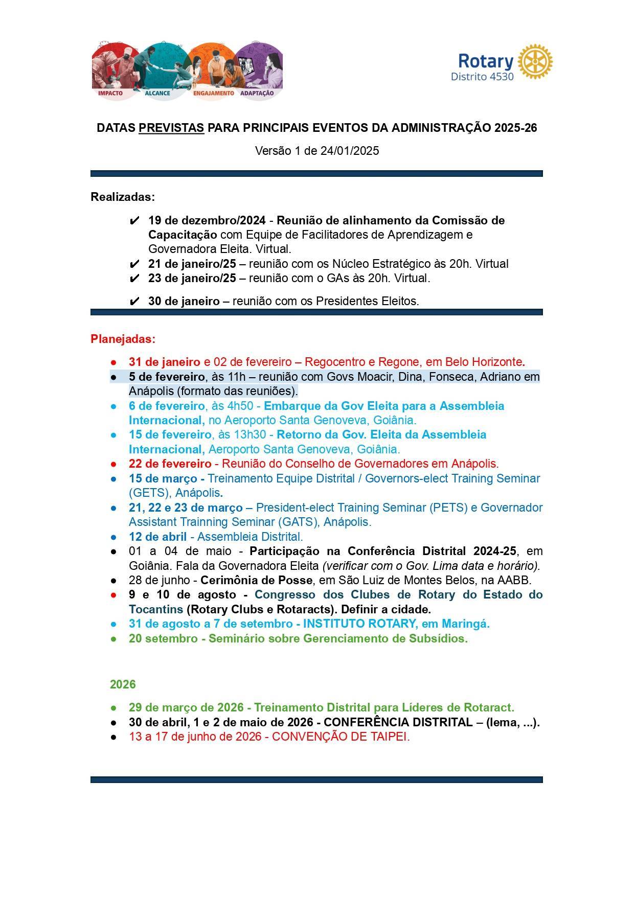 DATAS PREVISTAS PARA PRINCIPAIS EVENTOS DA ADMINISTRAÇÃO 2025-26