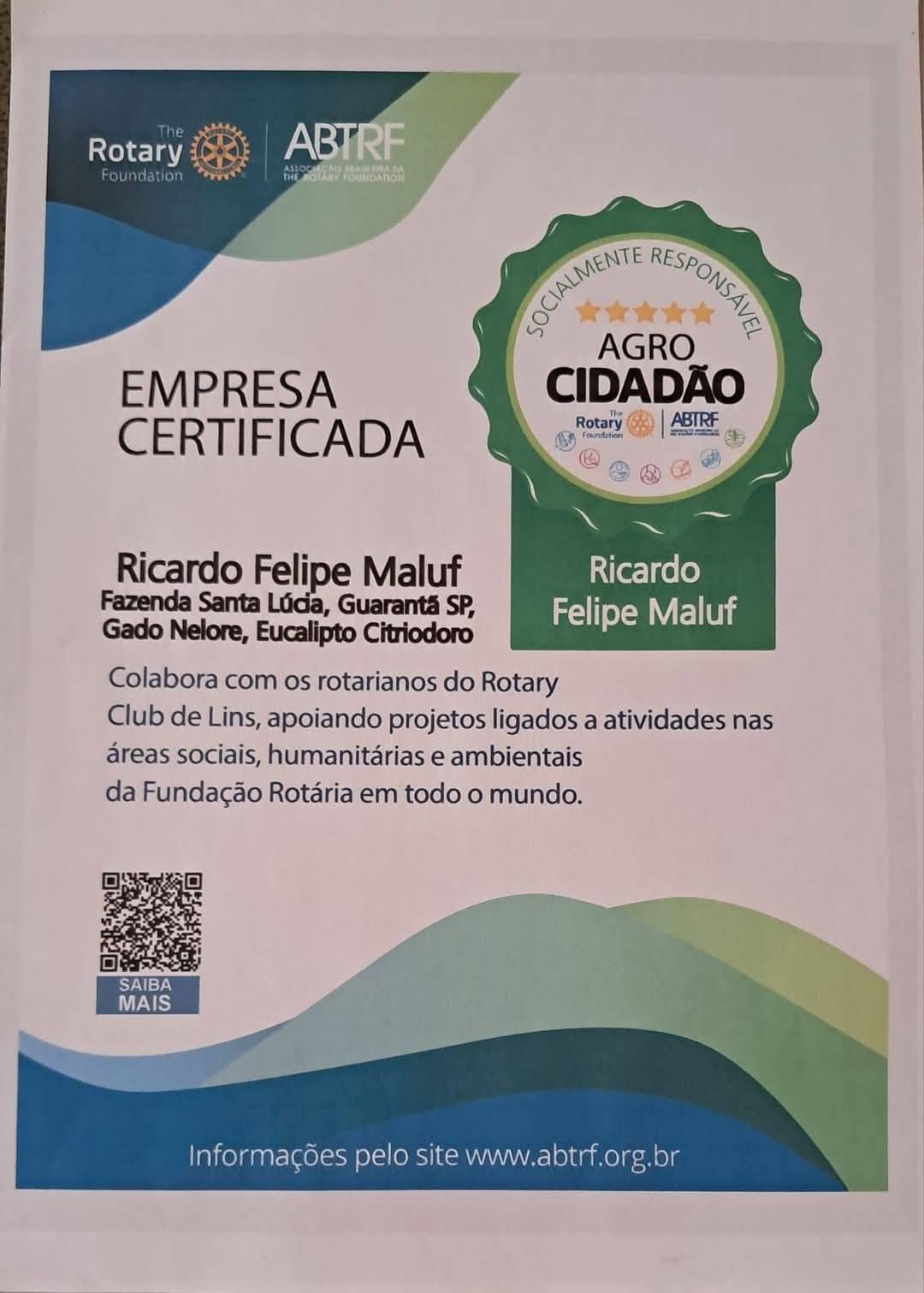 Rotary Club de Lins agradece Gov Maluf por contribuir para a Fundação Rotária