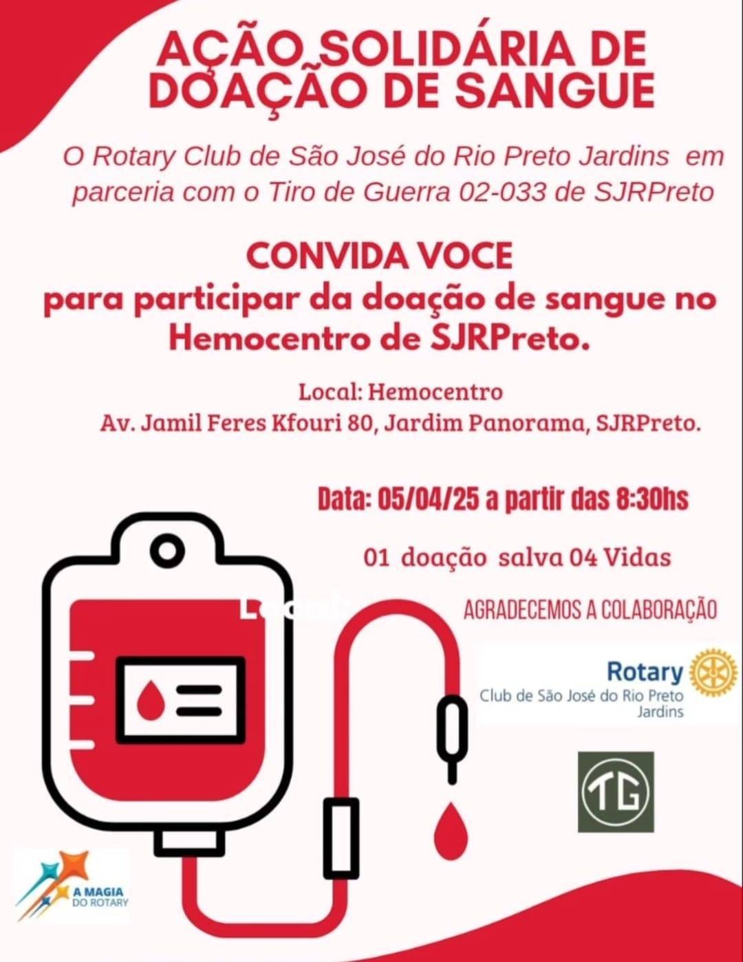 Rotary Club de São José do Rio Preto - Jardins promove Ação Solidária de Doação de Sangue no HEMOCENTRO.