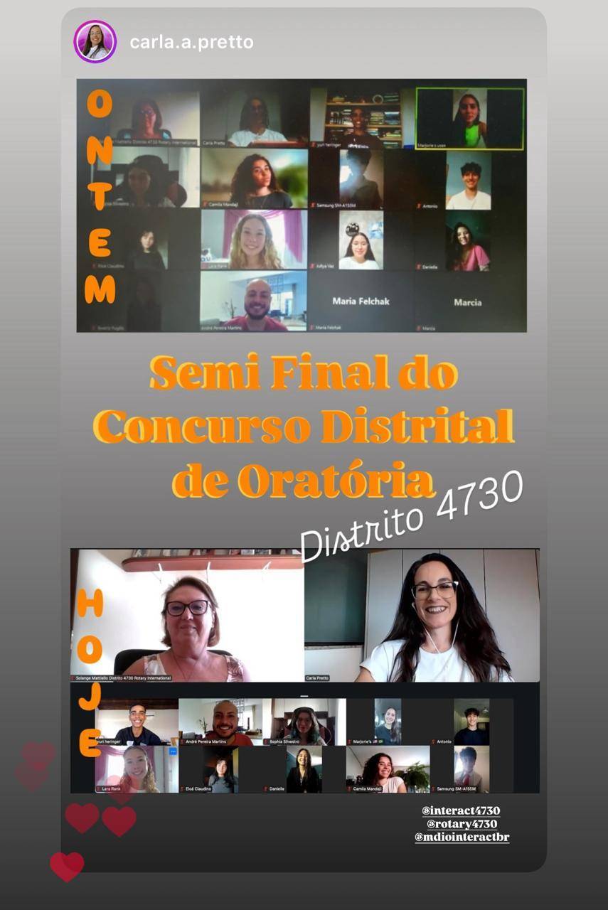 Participantes, jurados, comissão organizadora e comunidade rotária acompanham os discursos por vídeo-chamada. 