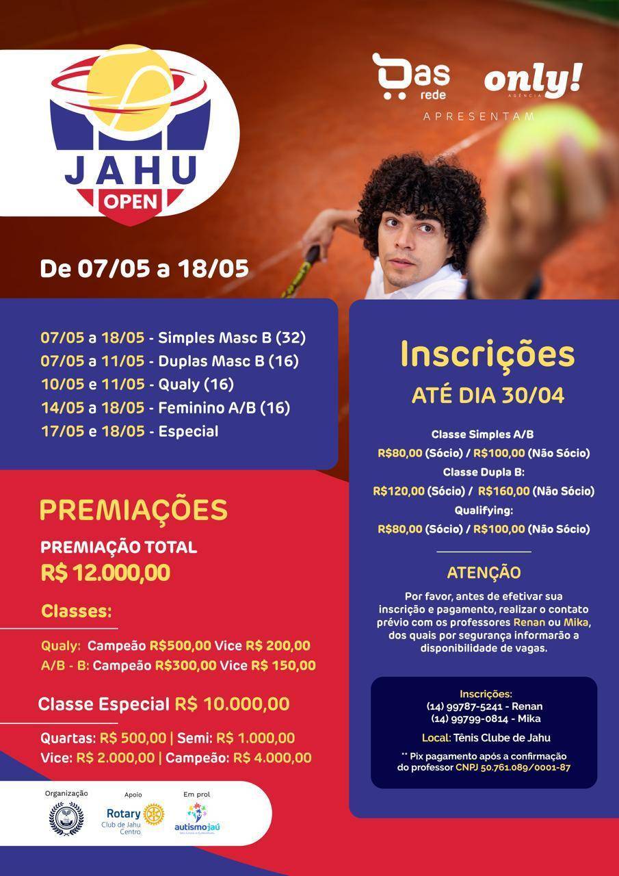 Jahu Open 2025 promete grandes jogos, solidariedade e premiação de R$ 12 mil no Tênis Clube de Jahu