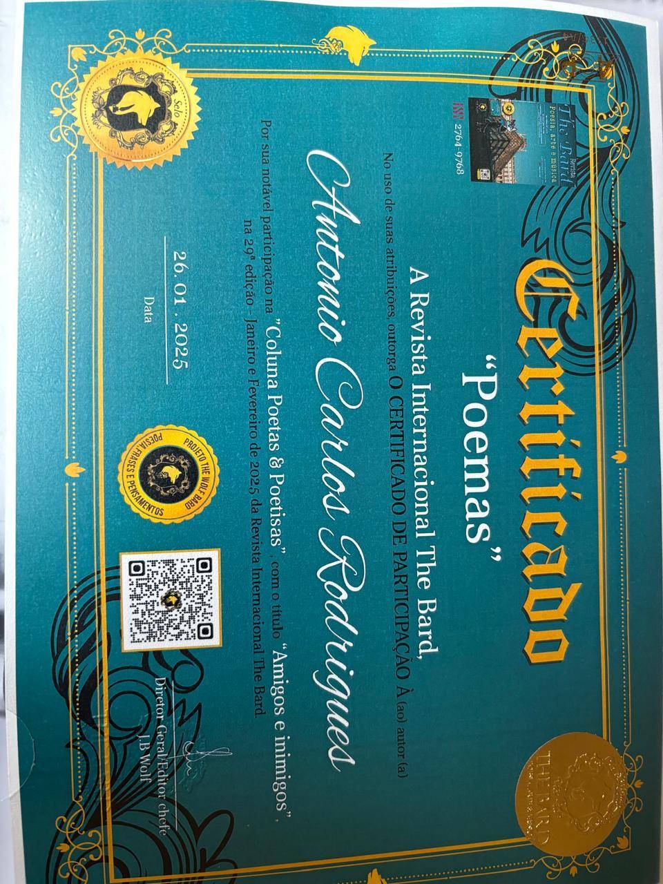 Certificado de Reconhecimento ao rotariano Antônio Carlos Rodrigues Marques