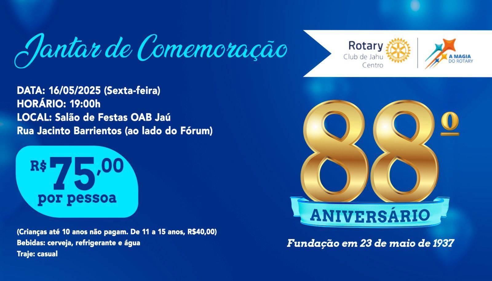Convite - Jantar de Aniversário de 88 Anos do Rotary Club Jahu Centro