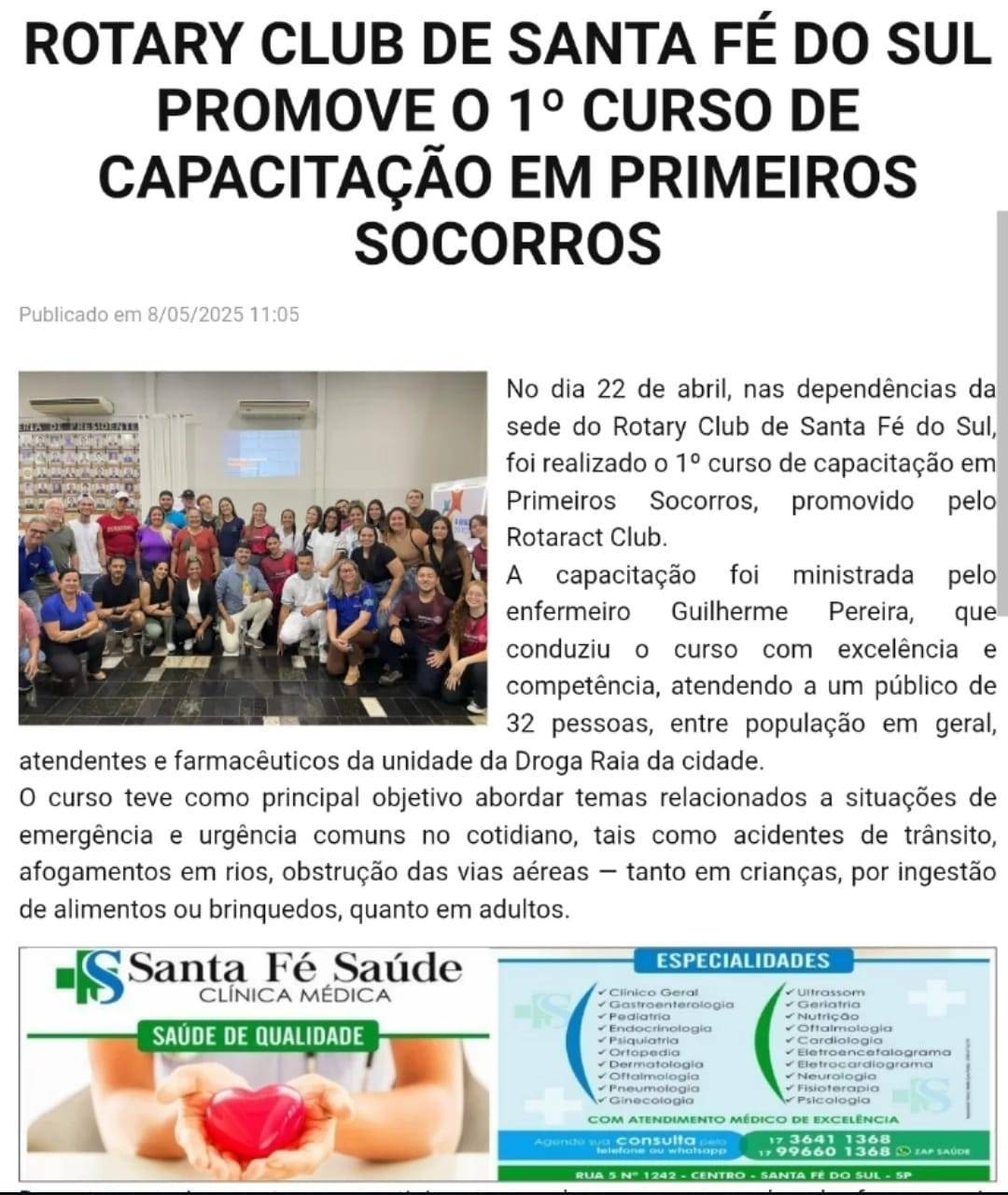 Rotary Club de Santa Fé do Sul Promove Curso de Primeiros Socorros