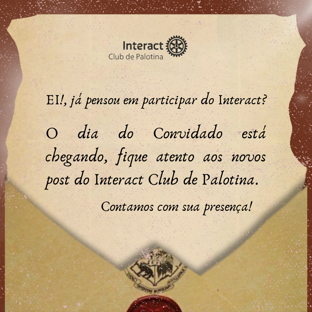 Já sentiu vontade de participar do interact?? Pois essa é sua chance! Fiquem de olho nos nossos próximos posts pois em breve iremos soltar informações sobre o dia do convidado do Interact Club de Palotina 🧙🪄🥳 Venha sentir com a gente um pouquinho da magia do trabalho voluntário que nos fazem ter esperança no mundo todos os dias!! 🌎🪄🫀