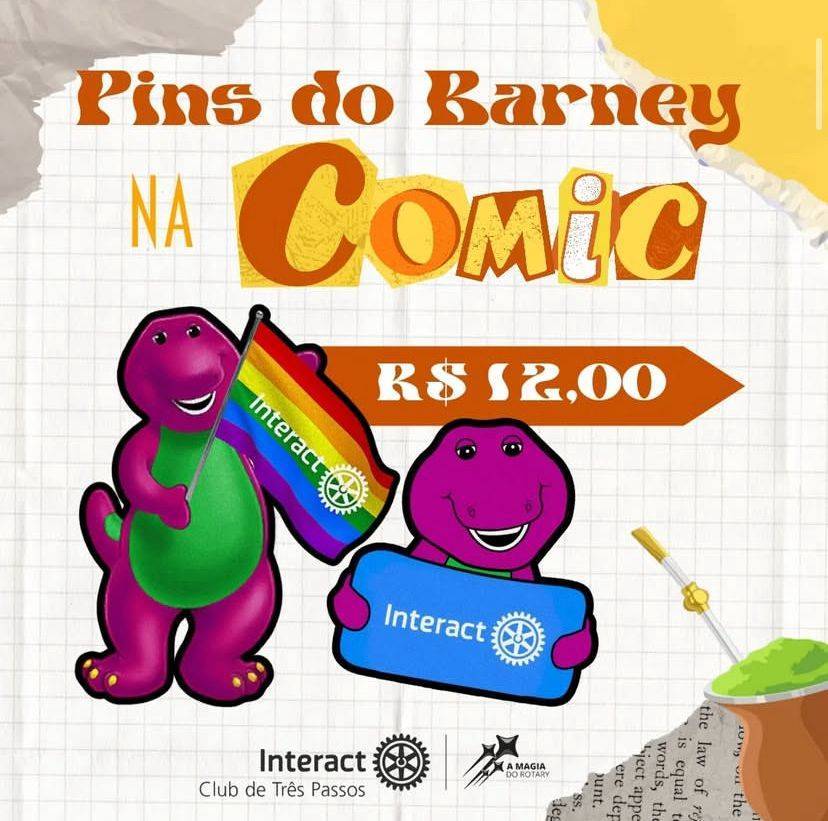 PINS DO BARNEY NA COMIC🧉💛  O Interact Club de Três Passos traz novidades que acabaram de sair do forno! 💚  Vamos estar vendendo os nossos famosos pins do Barney (o mascote do nosso clube) na COMIC das Tradições em Bento Gonçalves, nos dias 16 a 19 de janeiro! 😍  Teremos dois modelos, o Barney com uma plaquinha, e nela escrita "Interact" e ao lado a roda rotária, e o Barney com a bandeira LGBTQIA+, e nela escrita "Interact" e ao lado a roda rotária.  Os dois modelos vão custar R$12,00 e você poderá reservar o pin de seu gosto com os nossos associados, ou, pelo nosso direct!  Lembrando, que a retirada será apenas na COMIC das Tradições em Bento Gonçalves. 💚  #paratodosverem: Este post possui legenda alternativa para promover a inclusão social, para ter acesso a esta legenda basta você ativar as funções de acessibilidade em seu celular.