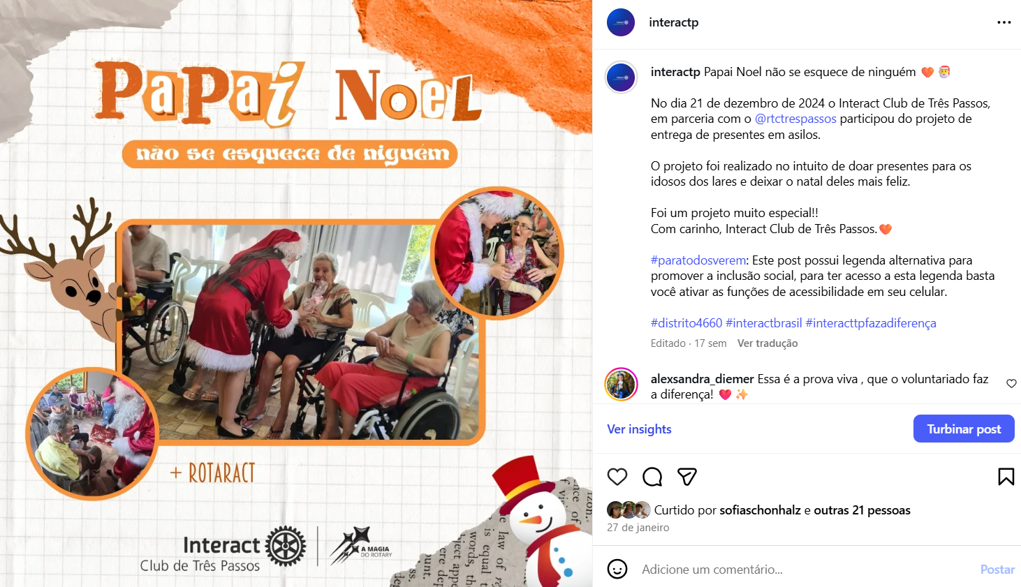 Papai Noel não se esquece de ninguém 🧡🎅  No dia 21 de dezembro de 2024 o Interact Club de Três Passos, em parceria com o @rtctrespassos participou do projeto de entrega de presentes em asilos.  O projeto foi realizado no intuito de doar presentes para os idosos dos lares e deixar o natal deles mais feliz.  Foi um projeto muito especial!! Com carinho, Interact Club de Três Passos.🧡  #paratodosverem: Este post possui legenda alternativa para promover a inclusão social, para ter acesso a esta legenda basta você ativar as funções de acessibilidade em seu celular.  #distrito4660 #interactbrasil #interacttpfazadiferença