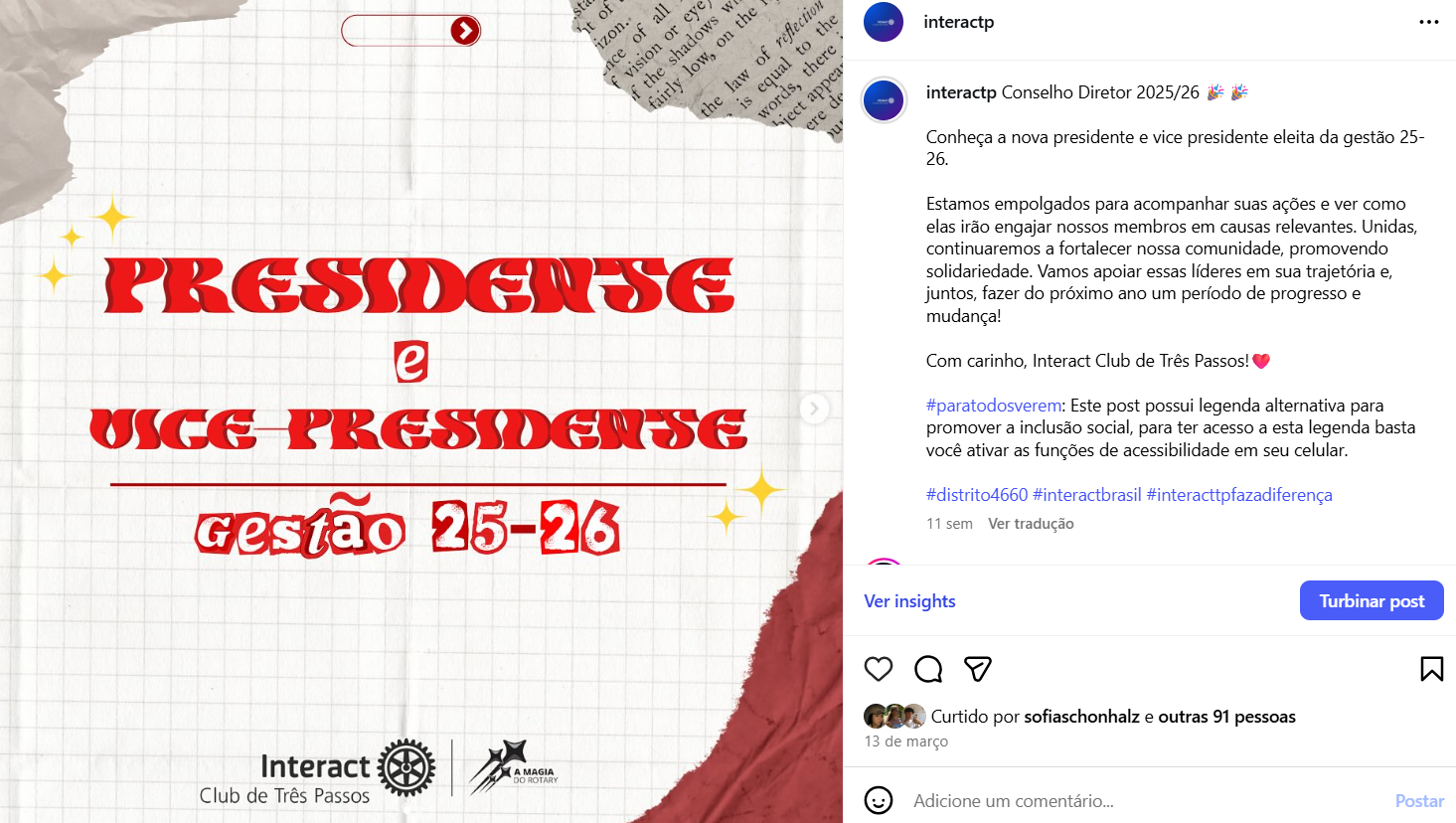 Presidentes gestão 25/26 🎉🎉  Conheça a nova presidente e vice presidente eleita da gestão 25-26.  Estamos empolgados para acompanhar suas ações e ver como elas irão engajar nossos membros em causas relevantes. Unidas, continuaremos a fortalecer nossa comunidade, promovendo solidariedade. Vamos apoiar essas líderes em sua trajetória e, juntos, fazer do próximo ano um período de progresso e mudança!  Com carinho, Interact Club de Três Passos!❤️  #paratodosverem: Este post possui legenda alternativa para promover a inclusão social, para ter acesso a esta legenda basta você ativar as funções de acessibilidade em seu celular.  #distrito4660 #interactbrasil #interacttpfazadiferença