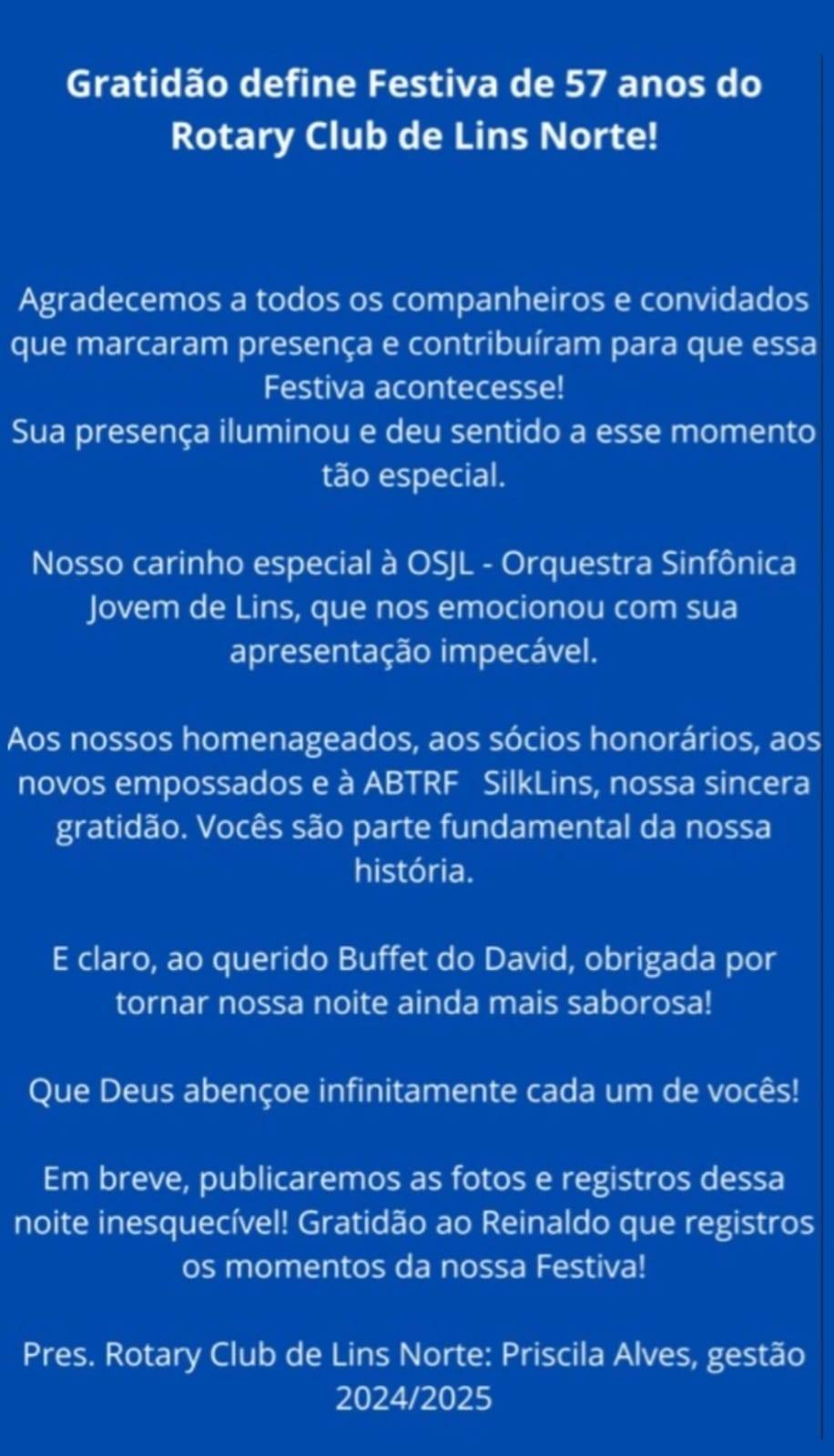 Rotary Club de Lins - Norte comemora 57 anos de Fundação
