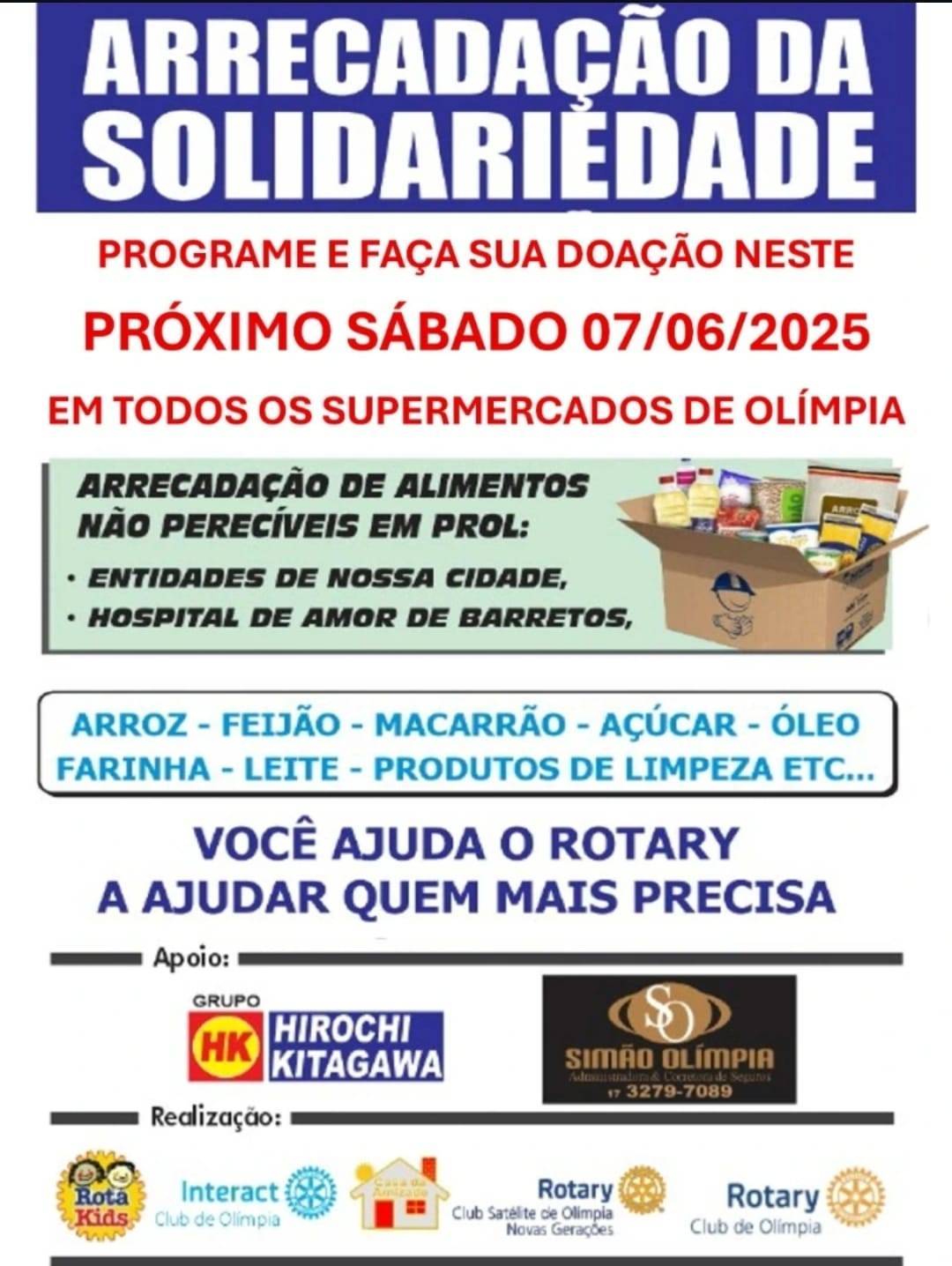 Rotary Club de Olímpia realizará a tradicional arrecadação solidária