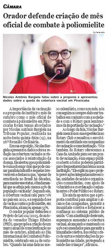 APRESENTAÇÃO DE PROJETO DE LEI DO MÊS DA POLIOMIELITE