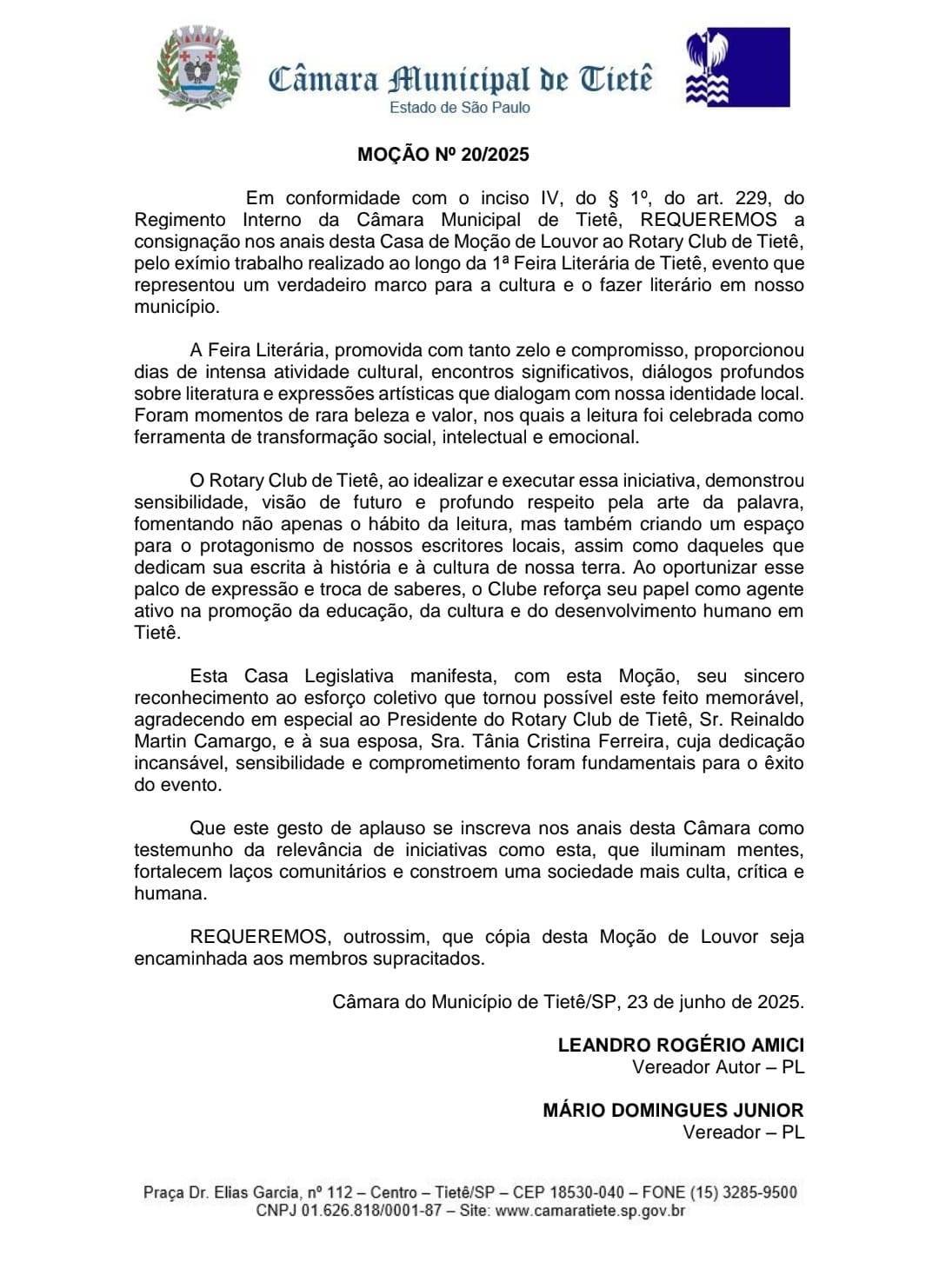 Monção de Louvor pela 1° Feira Literária de Tiete