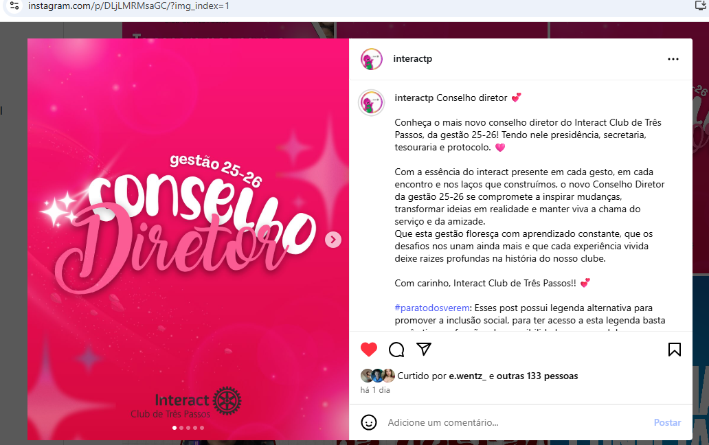 Conheça o mais novo conselho diretor do Interact Club de Três Passos, da gestão 25-26! Tendo nele presidência, secretaria, tesouraria e protocolo. 🩷  Com a essência do interact presente em cada gesto, em cada encontro e nos laços que construímos, o novo Conselho Diretor da gestão 25-26 se compromete a inspirar mudanças, transformar ideias em realidade e manter viva a chama do serviço e da amizade. Que esta gestão floresça com aprendizado constante, que os desafios nos unam ainda mais e que cada experiência vivida deixe raizes profundas na história do nosso clube.  Com carinho, Interact Club de Três Passos!! 💕  #paratodosverem: Esses post possui legenda alternativa para promover a inclusão social, para ter acesso a esta legenda basta você ativar as funções de acessibilidade em seu celular.  #distrito4660 #interactbrasil #interacttpfazadiferença #VemProInteract