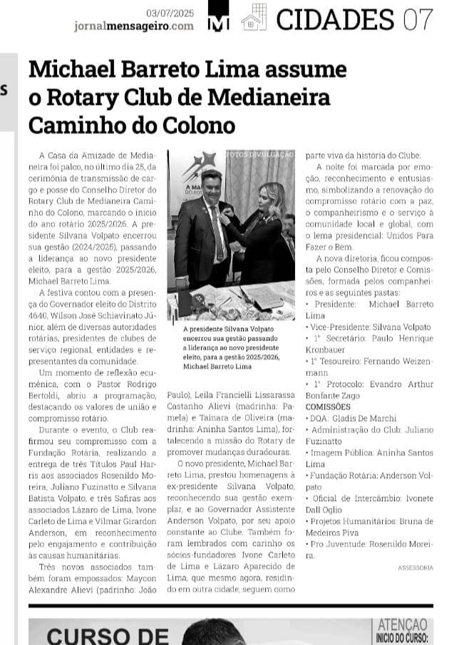 Matéria Jornal Mensageiro de Medianeira- Festiva Transmissão de Posse 2025/2026