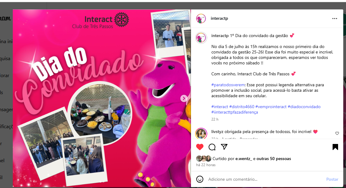 1º Dia do convidado da gestão 💕  No dia 5 de julho às 15h realizamos o nosso primeiro dia do convidado da gestão 25-26! Esse dia foi muito especial e incrível, obrigada a todos os que compareceram, esperamos ver todos vocês no próximo sábado !!  Com carinho, Interact Club de Três Passos 💕  #paratodosverem: Esse post possui legenda alternativa para promover a inclusão social, para acessá-lo basta ativar as acessibilidade em seu celular.  #interact #distrito4660 #vemprointeract #diadoconvidado #iinteracttpfazadiferença