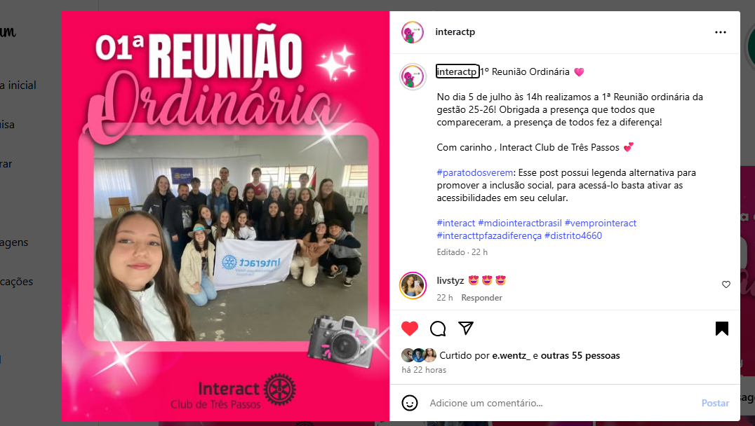 1º Reunião Ordinária 🩷  No dia 5 de julho às 14h realizamos a 1ª Reunião ordinária da gestão 25-26! Obrigada a presença que todos que compareceram, a presença de todos fez a diferença!  Com carinho , Interact Club de Três Passos 💕  #paratodosverem: Esse post possui legenda alternativa para promover a inclusão social, para acessá-lo basta ativar as acessibilidades em seu celular.  #interact #mdiointeractbrasil #vemprointeract #interacttpfazadiferença #distrito4660 