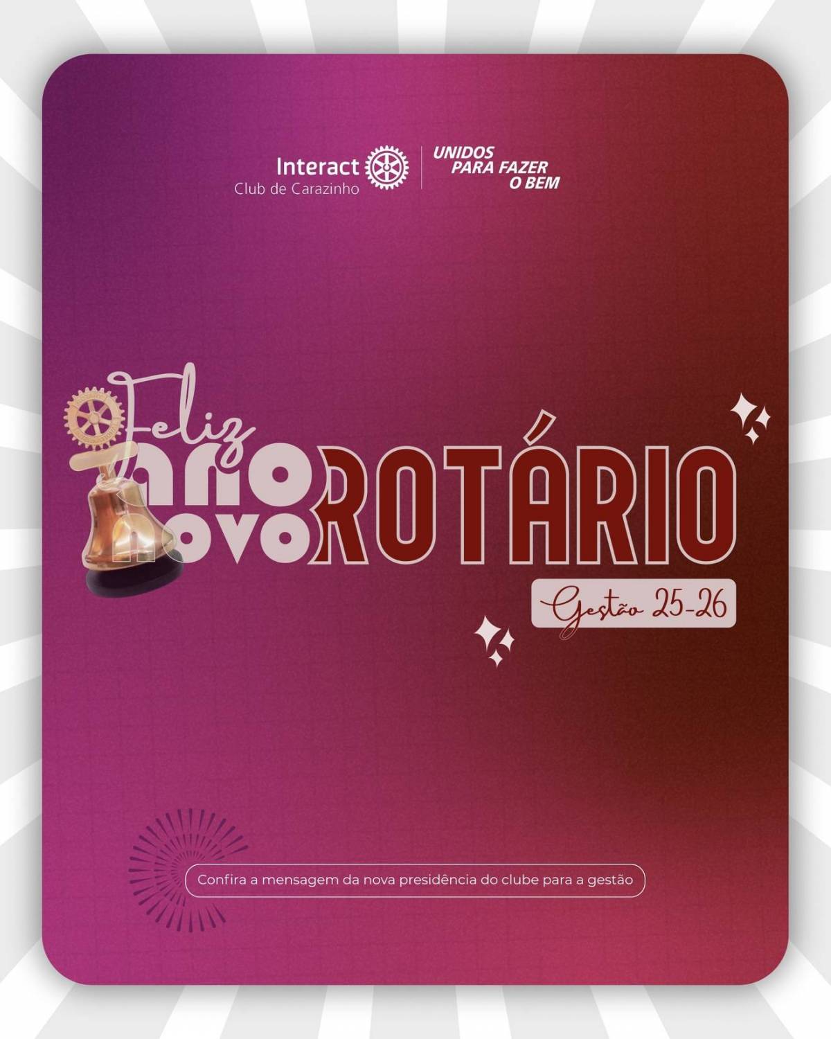 No dia 01/07/2025, iniciamos a transição para a Gestão 2025/2026!  Nossa nova presidente, Luana Weber dos Santos, e o vice-presidente, Eduardo de Quadros Schlabitz, compartilham suas mensagens de compromisso e esperança para este novo ciclo. ⠀ Com dedicação, união e coragem, seguimos firmes no propósito de servir e transformar.  🔔 Que venha um ano de muito trabalho, empatia e novos sonhos realizados! ⠀ ✨ Unidos para fazer o bem! ✨