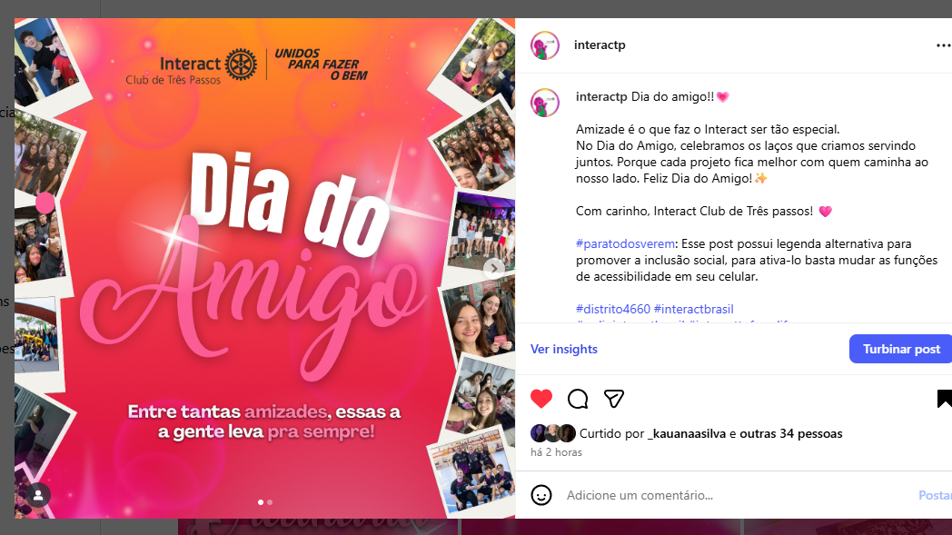 Dia do amigo!!💗  Amizade é o que faz o Interact ser tão especial. No Dia do Amigo, celebramos os laços que criamos servindo juntos. Porque cada projeto fica melhor com quem caminha ao nosso lado. Feliz Dia do Amigo!✨  Com carinho, Interact Club de Três passos! 🩷  #paratodosverem: Esse post possui legenda alternativa para promover a inclusão social, para ativa-lo basta mudar as funções de acessibilidade em seu celular.  #distrito4660 #interactbrasil #mdiointeractbrasil #interacttpfazadiferença #DiaDoAmigo