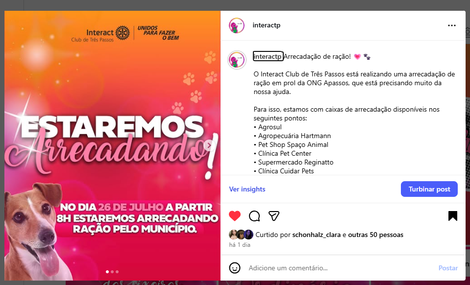 Arrecadação de ração! 💗🐾  O Interact Club de Três Passos está realizando uma arrecadação de ração em prol da ONG Apassos, que está precisando muito da nossa ajuda.  Para isso, estamos com caixas de arrecadação disponíveis nos seguintes pontos: • Agrosul • Agropecuária Hartmann • Pet Shop Spaço Animal • Clínica Pet Center • Supermercado Reginatto • Clínica Cuidar Pets • Agropecuária Cotricampo • Agropecuária Rancho Gaúcho • Supermercado Matanna  As caixas ficarão até sábado, dia 26/07, pela manhã, quando estaremos pessoalmente arrecadando as doações.  Quem preferir, pode levar a ração na nossa reunião, que acontecerá no sábado às 14h, na sede do Rotary, na feicap. Também é possível entrar em contato com um interactiano ou com nossos conselheiros para combinar a entrega.  Para doações em dinheiro, deixamos disponível o PIX: juliasbarainijulia@gmail.com  Agradecemos a @Rodopiso pelo apoio de materiais a nossa arrecadarão.  Contamos com sua ajuda nessa causa tão importante e urgente.  Com carinho, Interact Club de Três Passos🩷  Para Todos Verem: Esse post possui legenda alternativa. Para acessá-lo, ative as configurações na função de acessibilidade no seu dispositivo.  #Interact #InteractBrasil #InteractClub #InteractTrêsPassos #DiaDoConvidado #VemProInteract