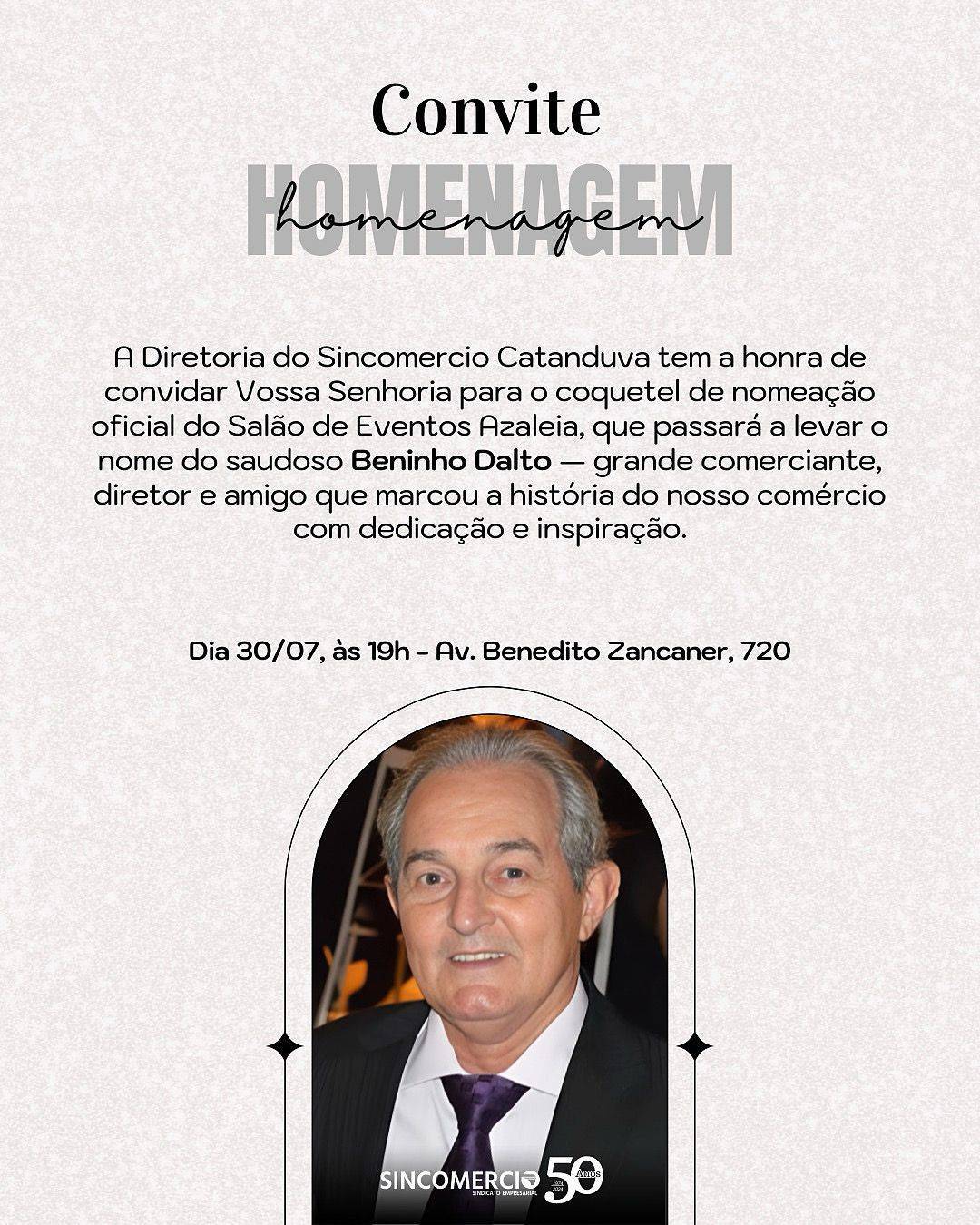 Sincomercio de Catanduva presta homenagem a Beninho Dalto com nomeação oficial do salão de eventos Azaleia