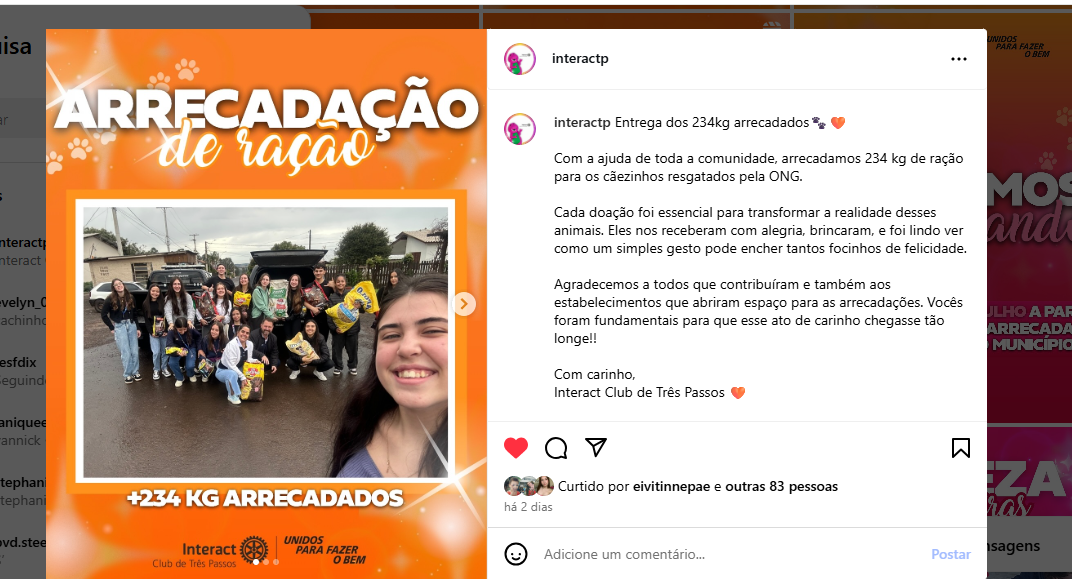 Entrega dos 234kg arrecadados🐾🧡  Com a ajuda de toda a comunidade, arrecadamos 234 kg de ração para os cãezinhos resgatados pela ONG.  Cada doação foi essencial para transformar a realidade desses animais. Eles nos receberam com alegria, brincaram, e foi lindo ver como um simples gesto pode encher tantos focinhos de felicidade.  Agradecemos a todos que contribuíram e também aos estabelecimentos que abriram espaço para as arrecadações. Vocês foram fundamentais para que esse ato de carinho chegasse tão longe!!  Com carinho, Interact Club de Três Passos 🧡  #paratodosverem: O post mostra fotos da entrega das rações e momentos de carinho com os cães da ONG. As imagens refletem a alegria dos animais ao receberem visitas e doações.  #InteractBrasil #distrito4660 #interacttpfazadiferença #mdiointeractbrasil #AjudarUmFocinho #CausaAnimal