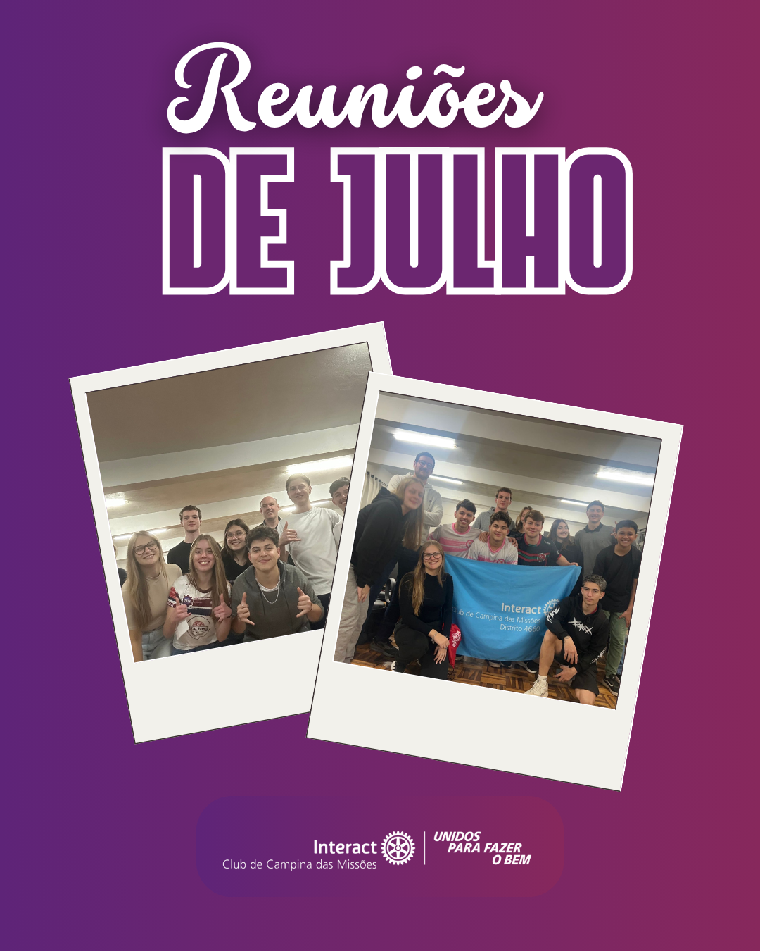 💙| Reuniões de JULHO🐘  ⚙️| começando o mês da união foram realizadas reuniões ordinárias e extraordinária para debatermos pautas necessárias para o funcionamento do club 💼- 08/07 🌟-15/07 💼-25/07  📝| as principais pautas das reuniões de abril foram -Projetos futuros -Organização da gestão -Novidades do club -Adic em Campina  🫂| Obrigado a todos que se fizeram presente durante as reuniões do Interact Club de Campina das Missões nesse mês! ❤️  #paratodosverem 🔊 Essa publicação contém legenda alternativa, com a qual conseguimos promover a inclusão social. Para ter acesso basta você ativar as funções de acessibilidade no seu aparelho.