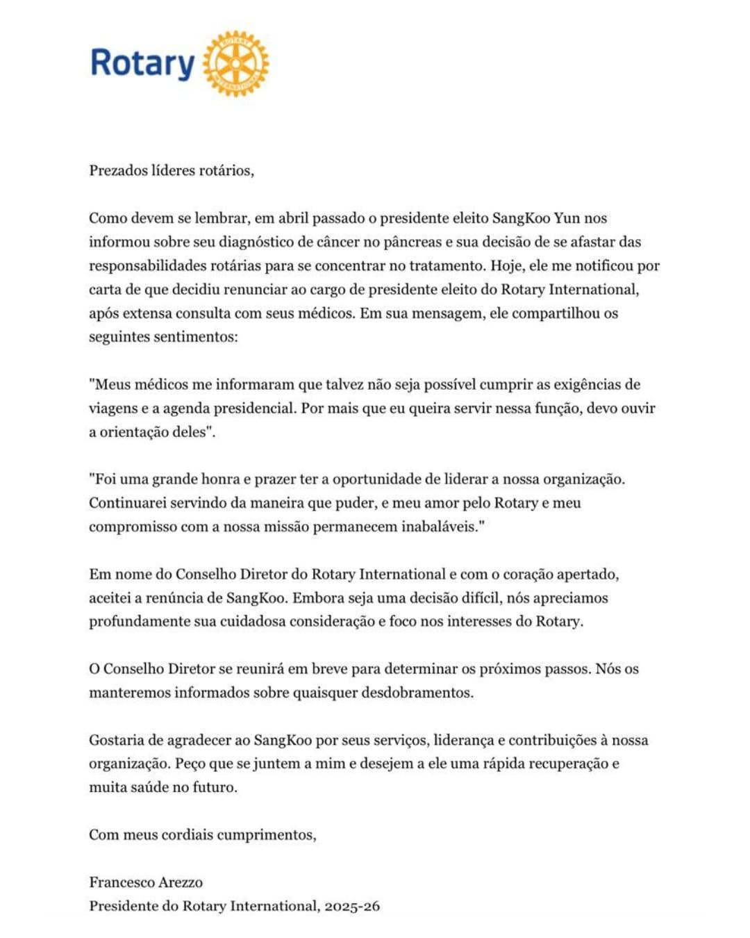 SangKoo Yun Abdica da Presidência do Rotary Internacional 2026-27 para Priorizar Tratamento de Saúde