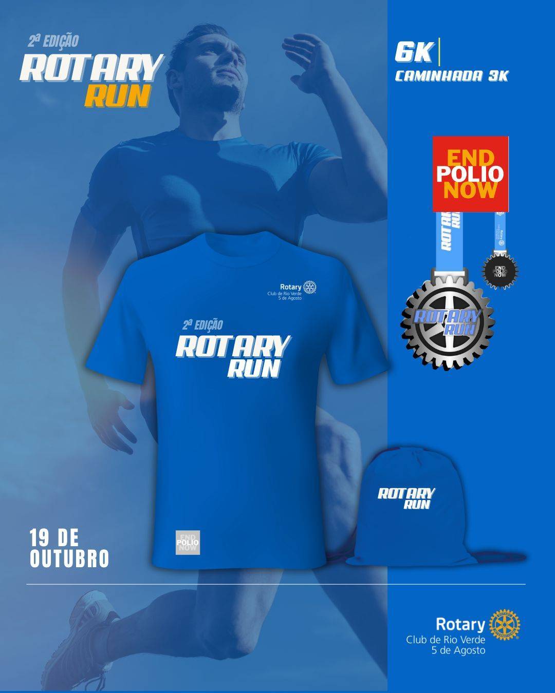 A 2ª edição do Rotary Run vem com tudo! Ao se inscrever, você garante um kit exclusivo com: 👕 Camiseta oficial 🎖️ Medalha de participação 🎒 Bolsa esportiva personalizada  📅 Dia 19 de outubro 📍 Corrida 6K | Caminhada 3K  Venha correr conosco e fazer parte dessa causa que transforma vidas! ✨