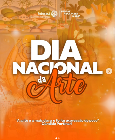 Dia Nacional da arte!!💙💛💚  No Dia Nacional da Arte, celebramos a criatividade que corre nas veias do Brasil. De norte a sul, nossa arte é o reflexo vivo da diversidade cultural que nos forma, misturando cores, ritmos, histórias e influências indígenas, africanas e europeias.  Ela está nos murais das cidades, nas canções que embalam nossas memórias, nas danças que contam nossa história e nas mãos de quem transforma sentimentos em obras.  Para o Interact Club de Três Passos, a arte é mais do que expressão: é união, empatia e transformação social. Incentivar a arte é acreditar em um Brasil mais sensível, criativo e humano, onde cada gesto artístico constrói pontes e inspira mudanças.  Que hoje e sempre a arte toque corações e transforme vidas.