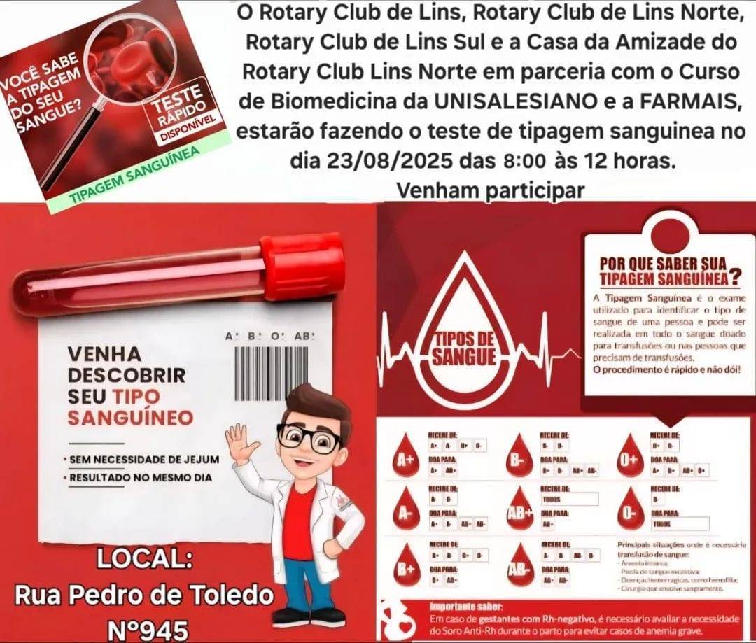 Rotary Clubs de Lins, Lins - Norte, Lins - Sul e a Casa da amizade de Lins - Norte realizam tipagem sanguinea