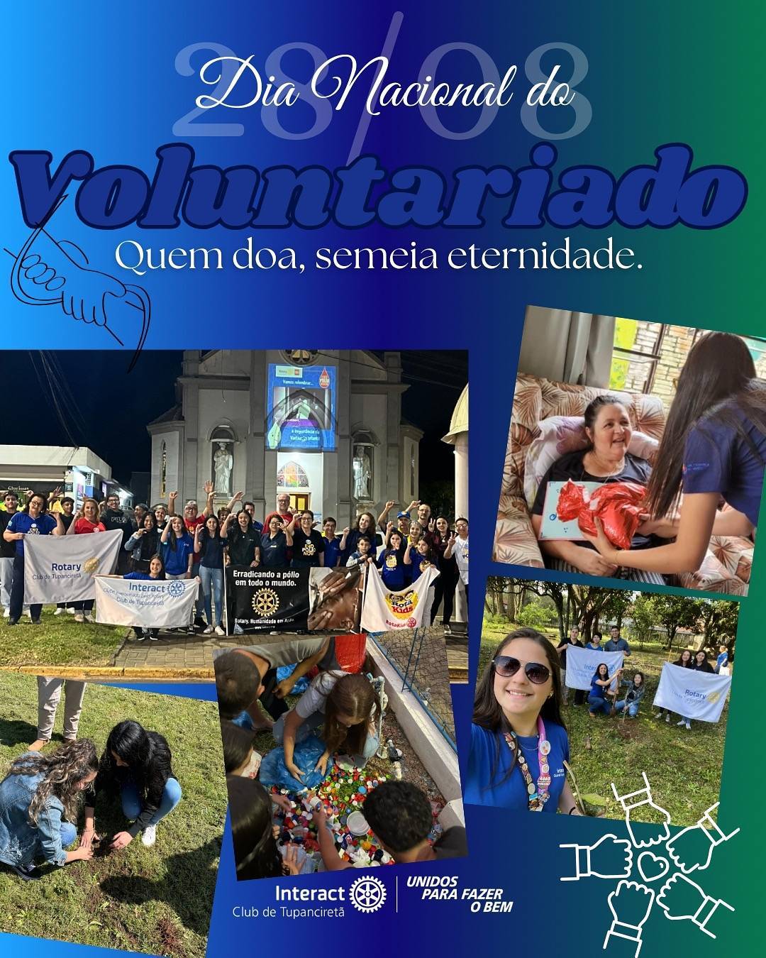 Hoje, 28 de agosto, celebramos o Dia Nacional do Voluntariado, uma data que nos lembra do poder transformador da solidariedade. Ser voluntário é mais do que doar tempo: é doar amor, cuidado e esperança. É acreditar que cada gesto, por menor que pareça, pode acender luzes em caminhos de quem precisa.  Nosso reconhecimento e gratidão a todos os voluntários que fazem a diferença, mostrando que juntos podemos construir um futuro mais humano, justo e cheio de empatia.  ✨Que este dia inspire cada vez mais corações a se unirem nessa corrente de bondade que muda o mundo!  Com carinho, Interact Club de Tupanciretã! 💙  《》《》《》《》《》《》《》《》《》《》《》  #paratodosverem : Este post possui legenda alternativa para promover a inclusão social, para ter acesso basta ativar as funções de acessibilidade em seu celular.  #distrito4660 #interactbrasil #unidosparafazerobem