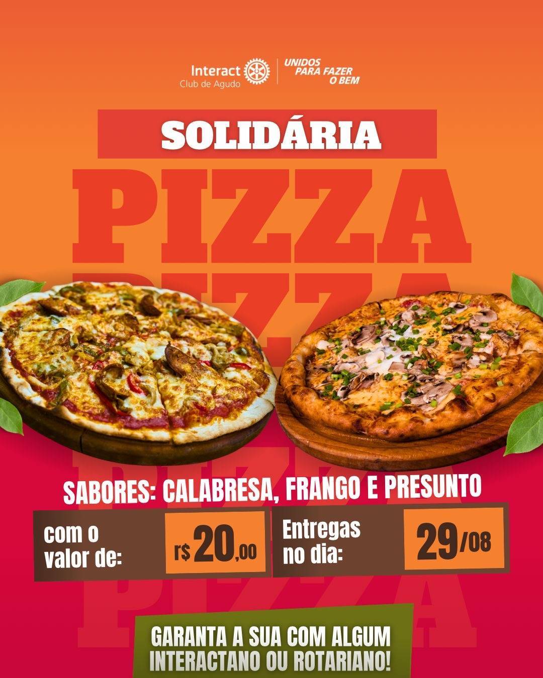 🍕 O Rotary Club de Agudo está promovendo a Pizza Solidária, e o Interact Club de Agudo estará presente ajudando na ação! A entrega será no dia 29, e cada pizza custa R$ 20,00. Contamos com a colaboração de todos para apoiar essa causa e fazer o bem juntos! 💛  #paratodosverem : Este post possui legenda alternativa para promover a inclusão social, para acessar basta ativar as funções acessibilidade em seu celular.  #interactbrasil #distrito4660 #pizza