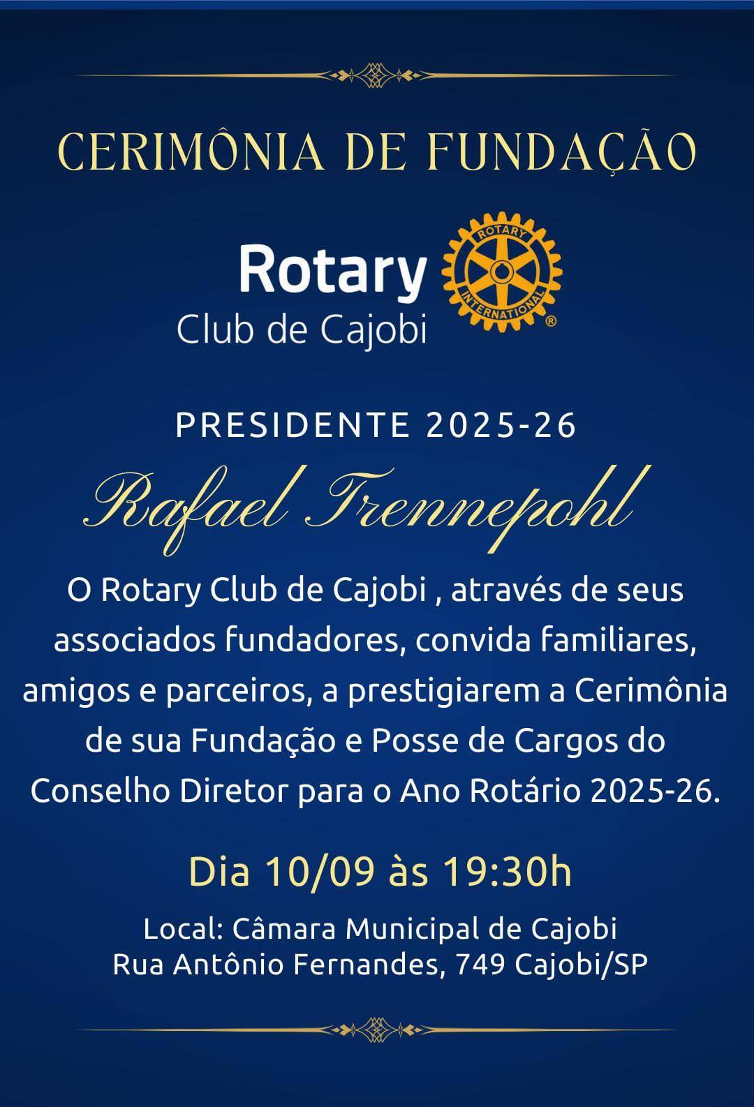 Convite para a Fundação e posse do conselho diretor do Rotary Club de Cajobi