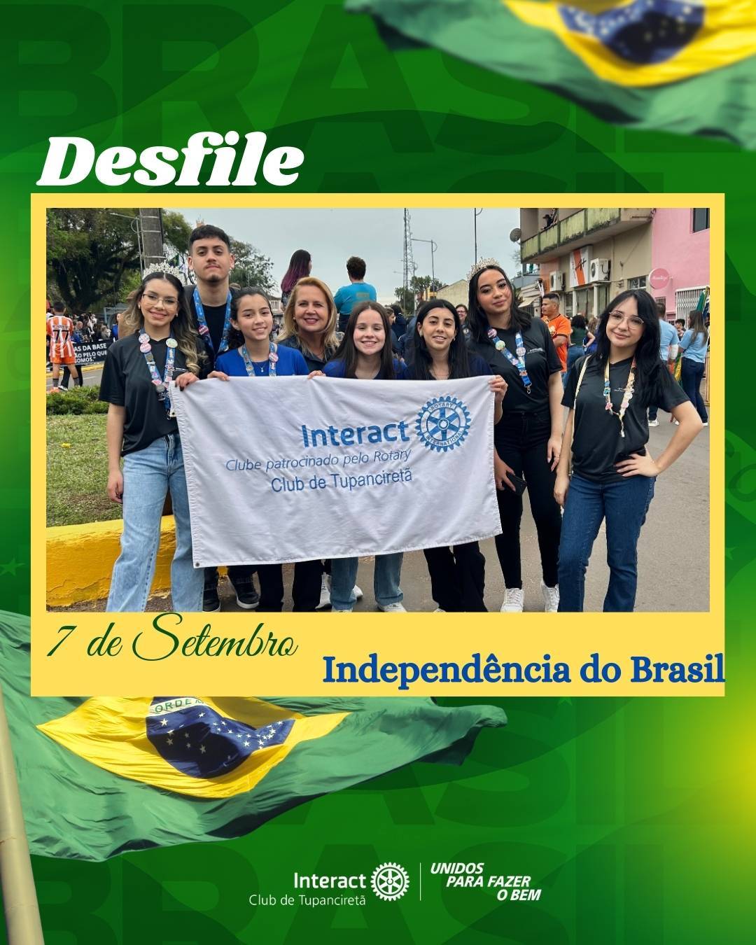 Desfile 7 de setembro   O Interact marcou presença no desfile cívico de 7 de setembro!🇧🇷 Estivemos lá com muita energia e também adoçando o dia de todos com a nossa venda de doces.   Com carinho, Interact Club de Tupanciretã 💙  《》《》《》《》《》《》《》《》《》《》《》  #paratodosverem : Este post possui legenda alternativa para promover a inclusão social, para ter acesso basta ativar as funções de acessibilidade em seu celular.  #distrito4660 #interactbrasil #unidosparafazerobem