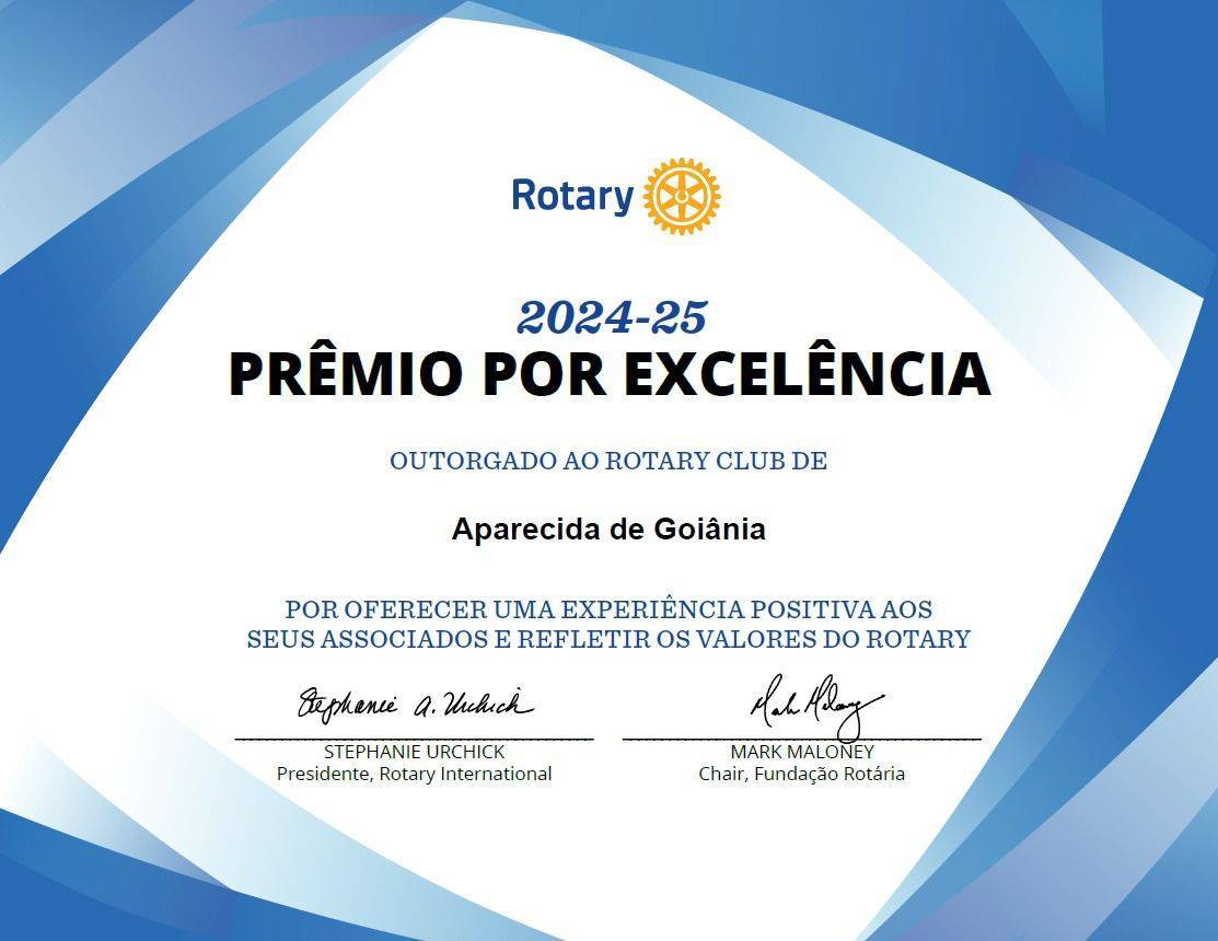 O Rotary Club de Aparecida de Goiânia recebeu o Prêmio por Excelência de Clube 🎖️, um reconhecimento que celebra nosso empenho em servir com propósito e fazer a diferença! 💙🌍