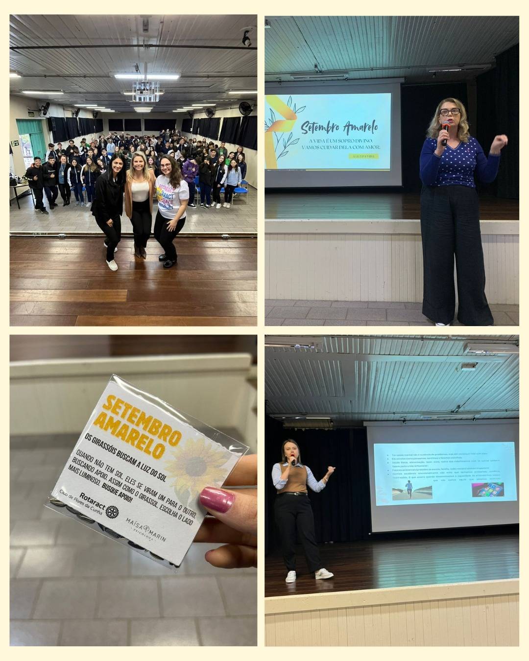 💛 Em apoio ao Setembro Amarelo, o Rotaract Club de Flores da Cunha promoveu palestras sobre saúde mental para mais de 500 alunos da Escola São Rafael. Com a ajuda das psicólolgas Larissa Bernardi, Beatriz Andreazza e Maísa Marin, levamos informação, empatia e apoio a quem mais precisa. Se você estiver precisando de ajuda, procure atendimento profissional. Falar é a melhor prevenção! 💬✨ #SetembroAmarelo #SaúdeMentalImporta #RotaractFloresDaCunha #JuventudeEmAção