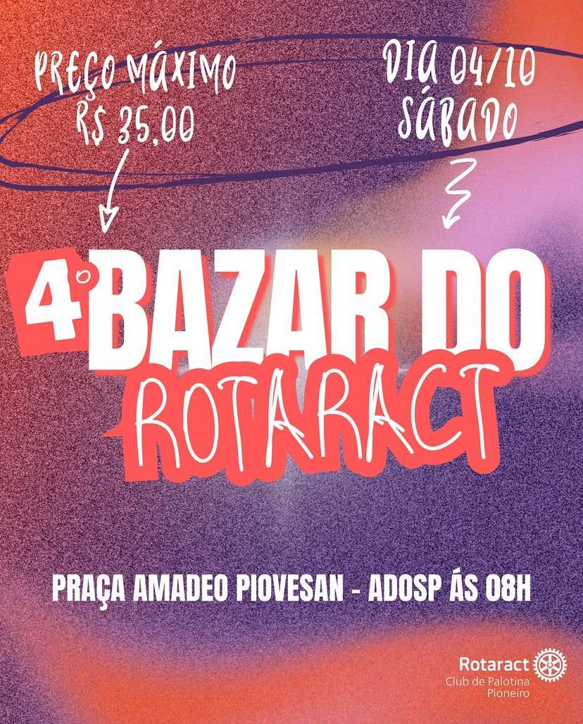 É HOJE!! ✨ QUARTA EDIÇÃO DO BAZAR DO ROTARACT! ✨  Com uma grande variedade, contaremos com:  👗 Roupas femininas, masculinas e infantis 🧥 Itens de inverno e verão, para todos os tamanhos 👠 Sapatos e acessórios  💰 Tudo com preço máximo de apenas R$ 35,00!  Corra e garanta suas peças favoritas, envie o post para seu amigo e bora garimpar, esperamos por você!   Em caso de dúvidas, estamos à disposição na DM 😁  #rotaract #distrito4640 #rotaract4640