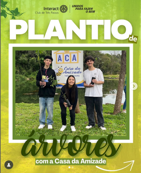 Reflorestando o Brasil 💚  No domingo, 28 de setembro de 2025, as 16h, o Interact Club de Três Passos marcou presença no projeto “Reflorestando o Brasil”, promovido pela Casa da Amizade. A ação contou com uma caminhada ecológica e a distribuição de mudas, totalizando 50 exemplares entregues à comunidade.  A caminhada foi marcada por momentos de descontração, conversas e trocas de experiências entre diferentes gerações, fortalecendo a integração da família rotária e reafirmando o compromisso conjunto com a preservação ambiental e o futuro sustentável.  Com carinho, Interact Club de Três Passos! 💚  #paratodosverem : Esse post possui legenda alternativa, para acessá-lá, basta ativar as funções de acessibilidade em seu celular.  #ReflorestandoOBrasil #FamíliaRotáriaUnida #InteractTrêsPassos #JuventudeQueTransforma #Sustentabilidade